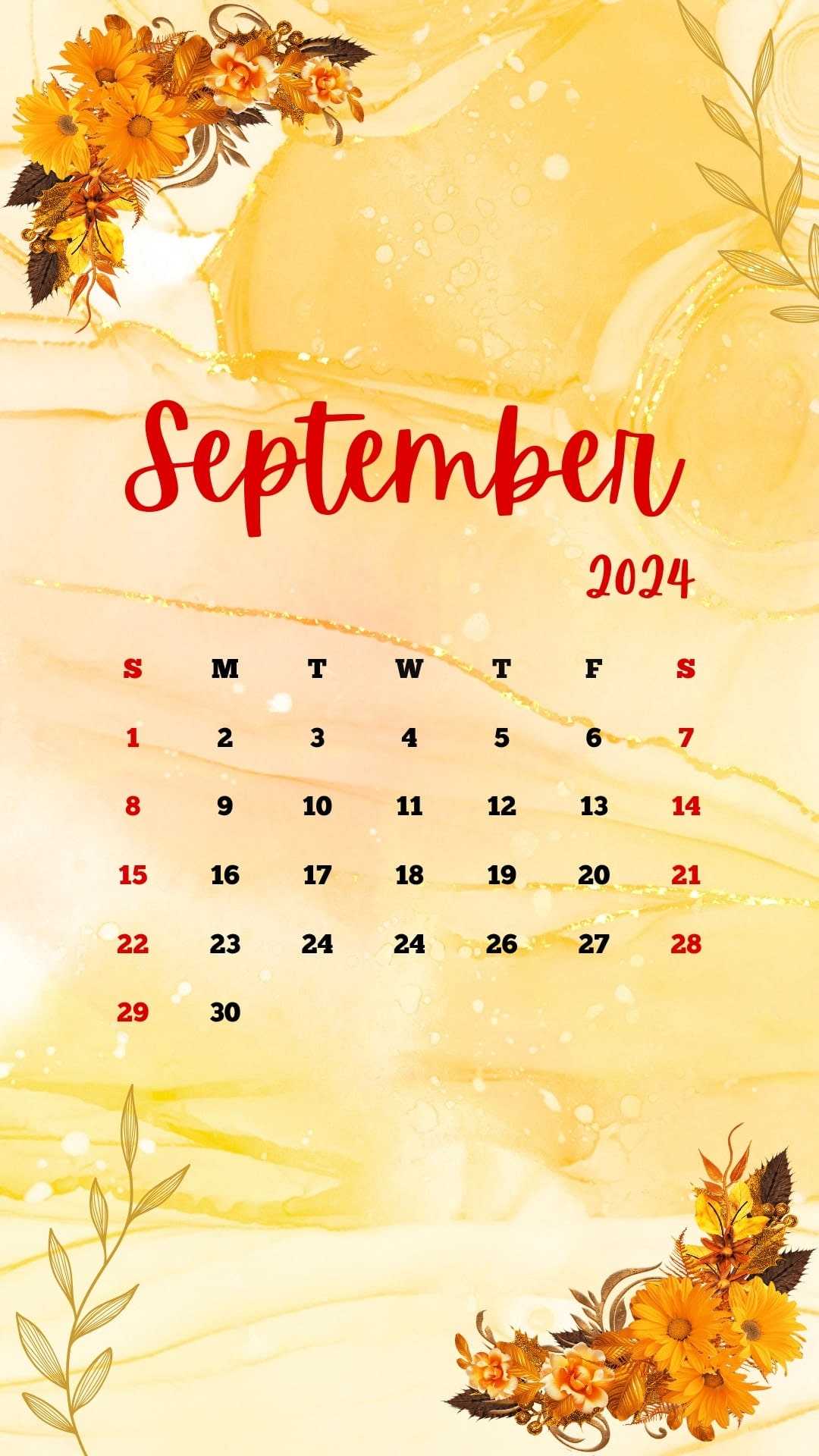 September 2024 calendar with a yellow autumn floral design