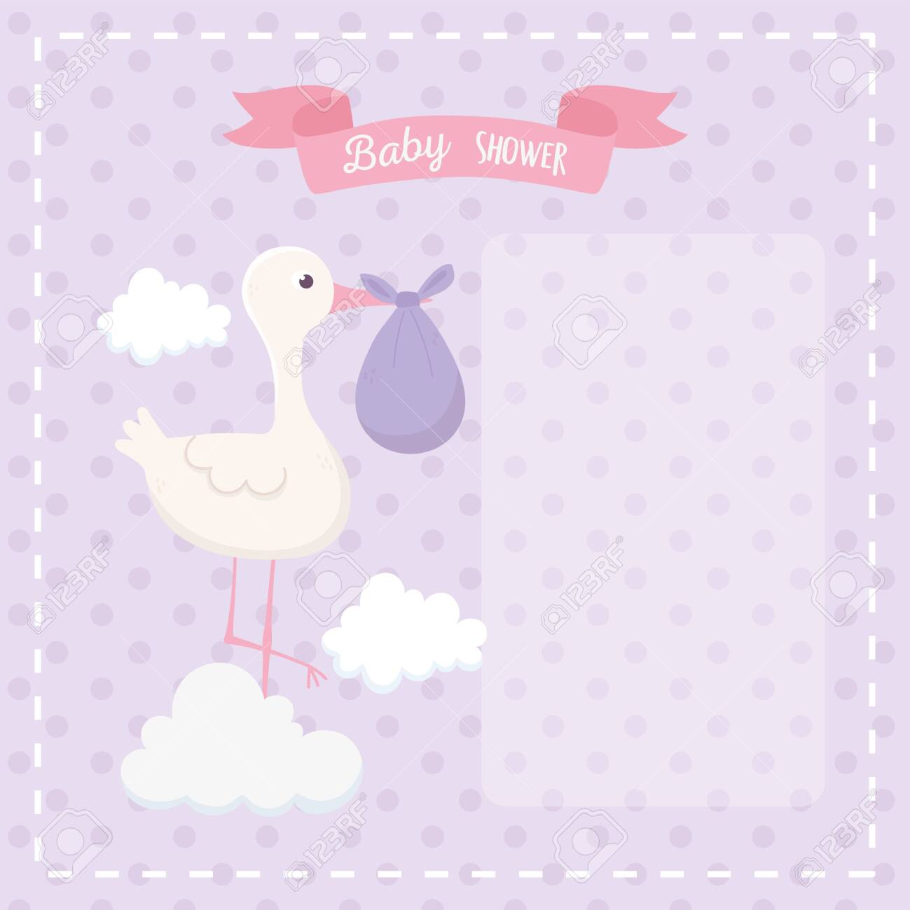 Baby Shower Stork With Purple Diaper On Clouds Dotted Background
