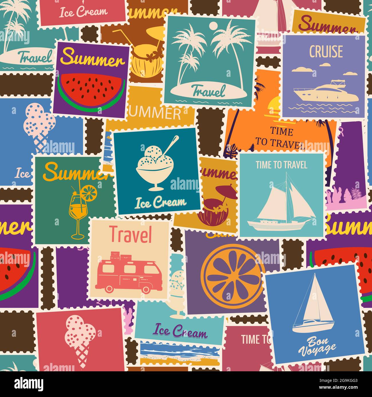 Postage stamps seamless pattern Summer vacation Retro background