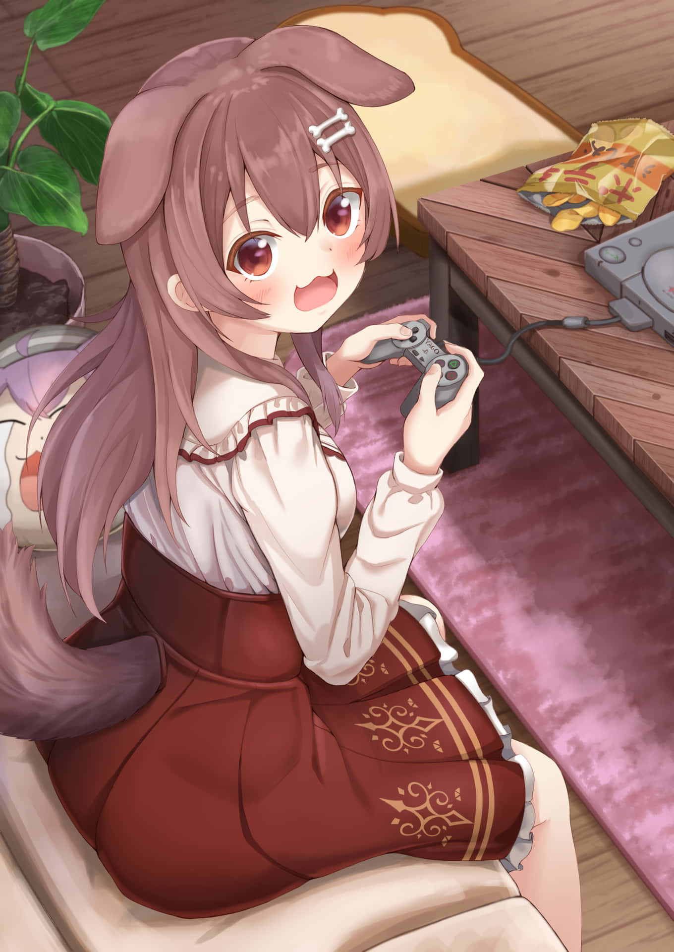 A Girl Sitting On Couch With Remote Control Wallpaper