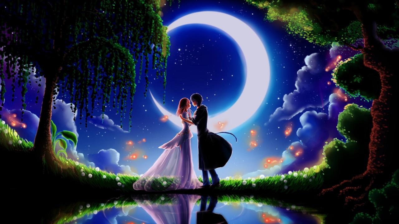 Bright Good Night Couples Kiss Full HD Wallpaper Rocks