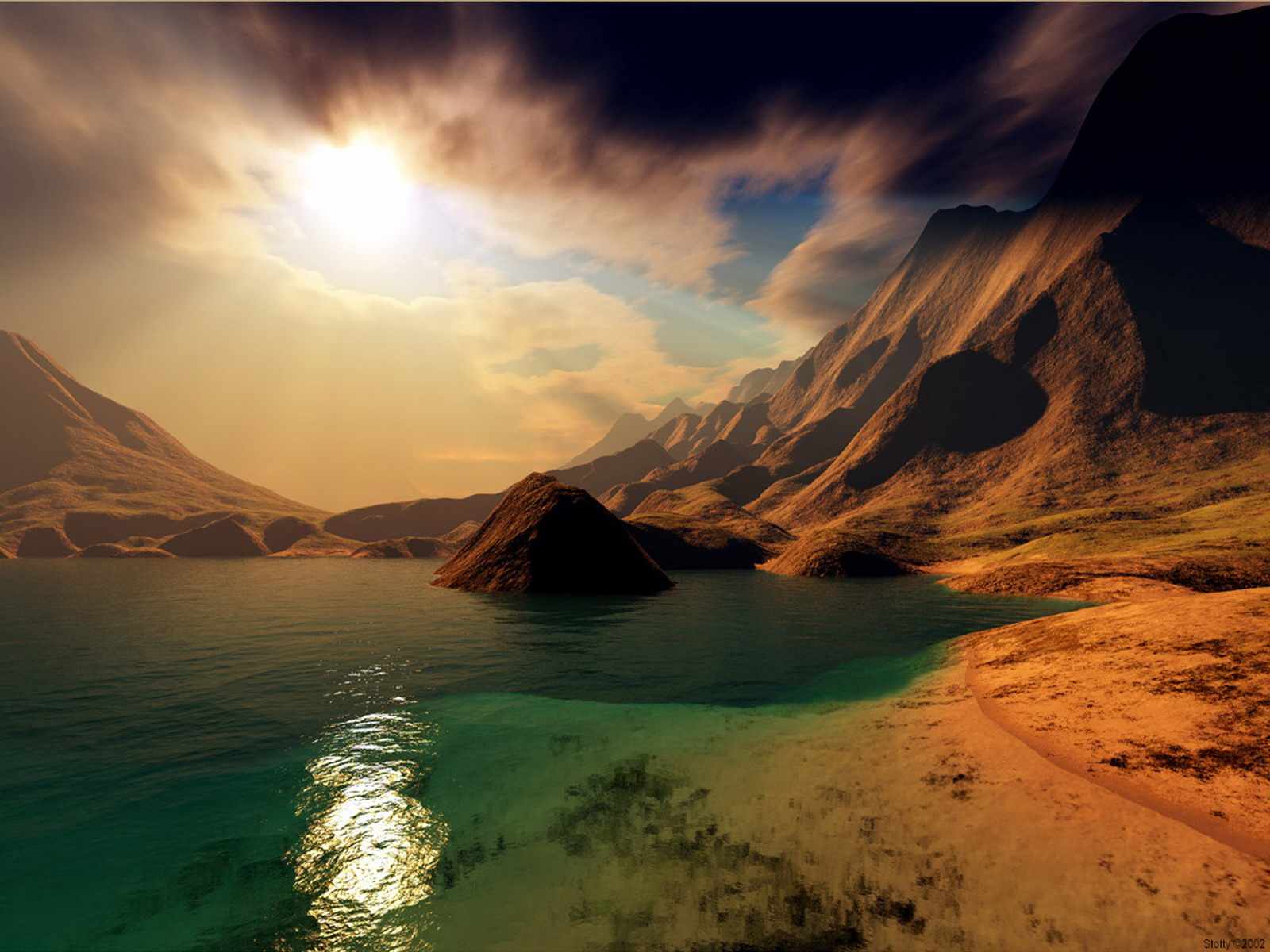 A stunning landscape wallpaper featuring a tranquil lake nestled amidst majestic mountains at sunset. The warm glow of the sun casts a beautiful reflection on the water, creating a serene and captivating scene