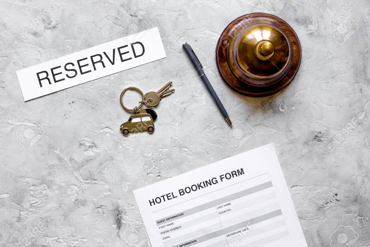 Hotel Reservation Blank And Ring On Stone Background Top