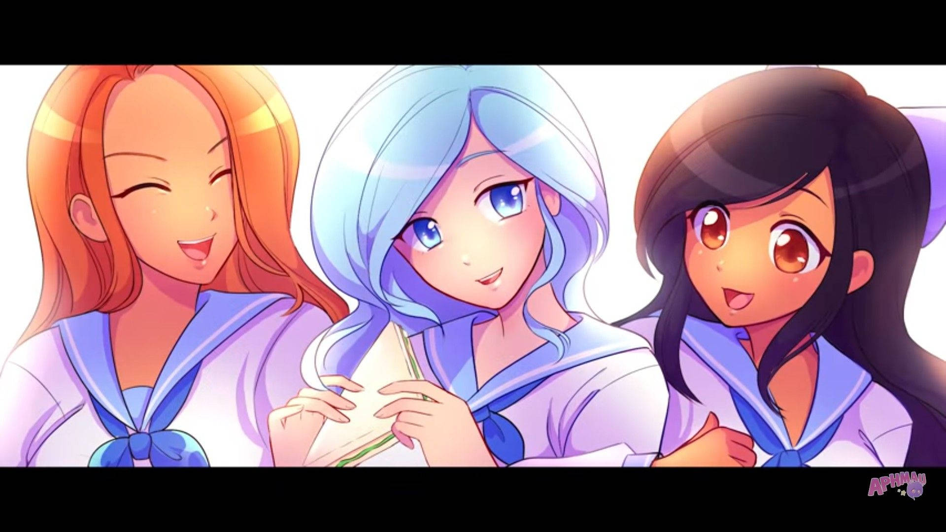 Three anime-style girls in sailor-style school uniforms smile for the camera. The girl on the left has long orange hair, the center girl has light blue hair, and the girl on the right has dark brown hair. The background is white