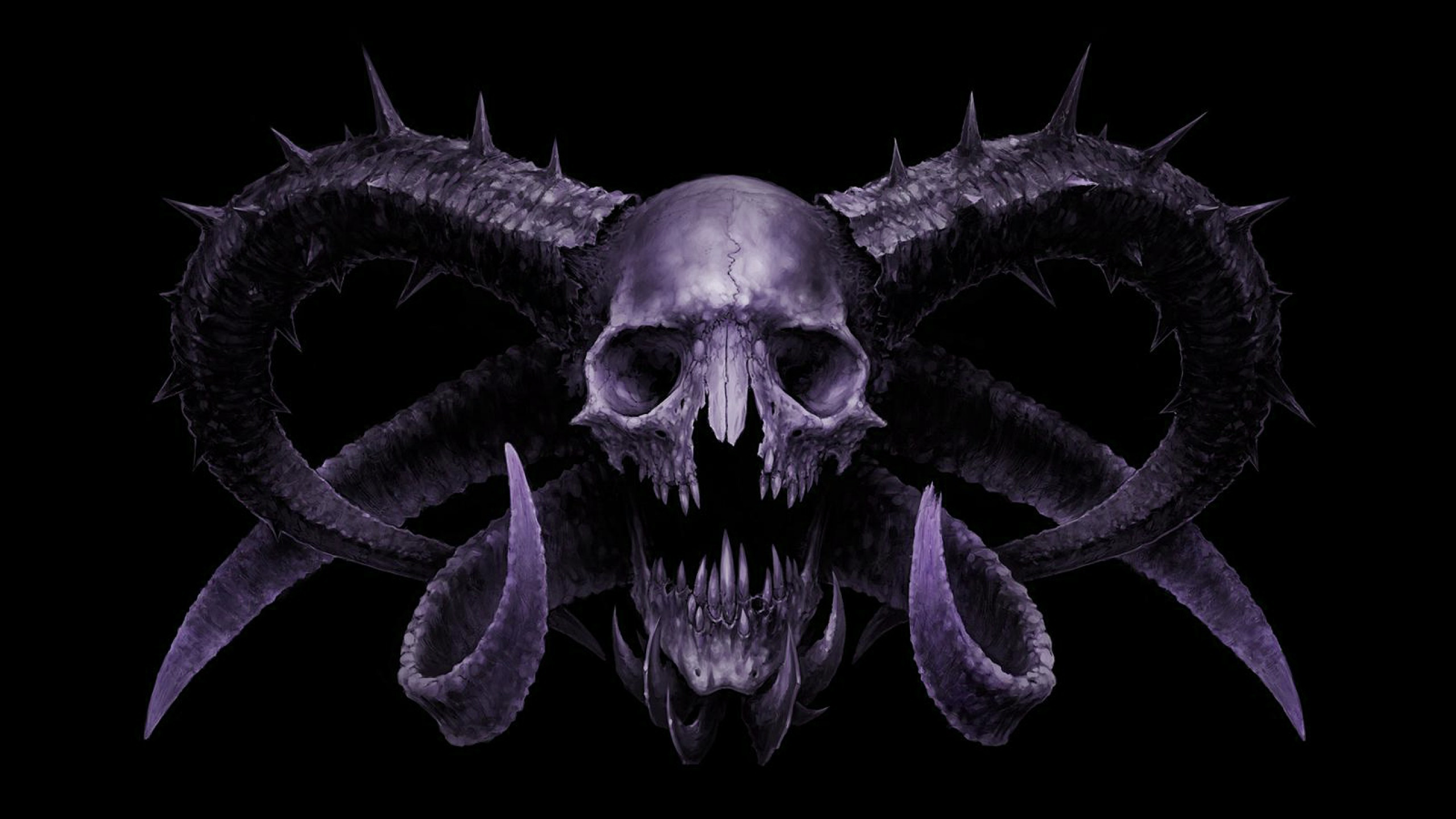 A menacing purple skull with large, curved horns and sharp teeth against a black background