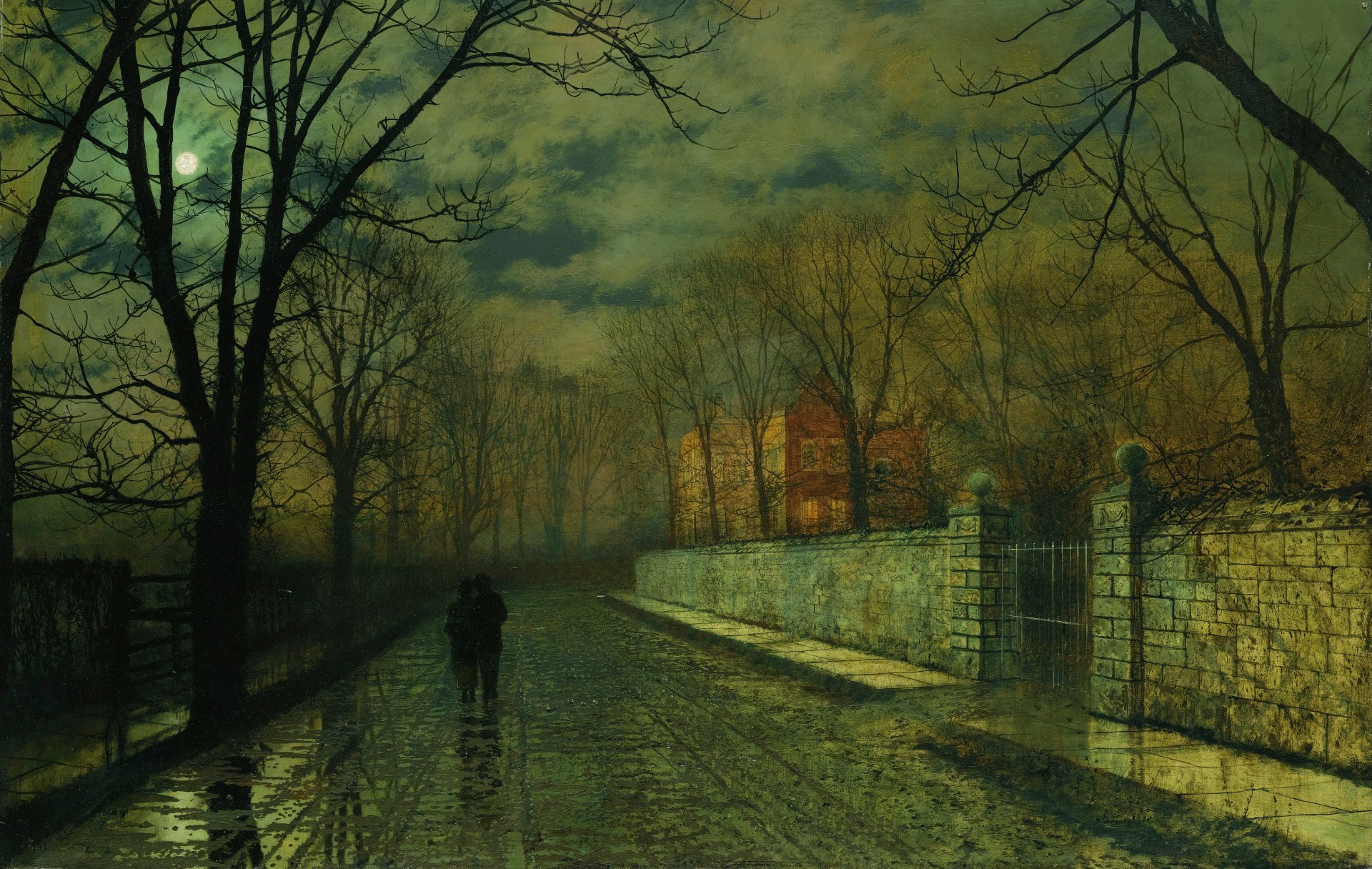 John Atkinson Figures In A Moonlit Lane After Rain Landscape Town