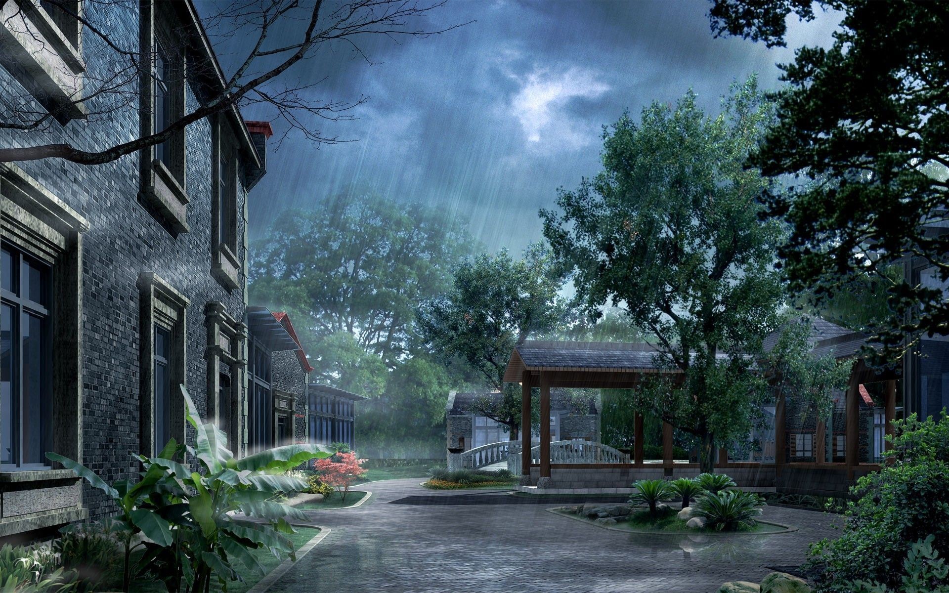 A serene rainy day scene in a traditional Asian setting, with rain falling on lush greenery and a covered walkway