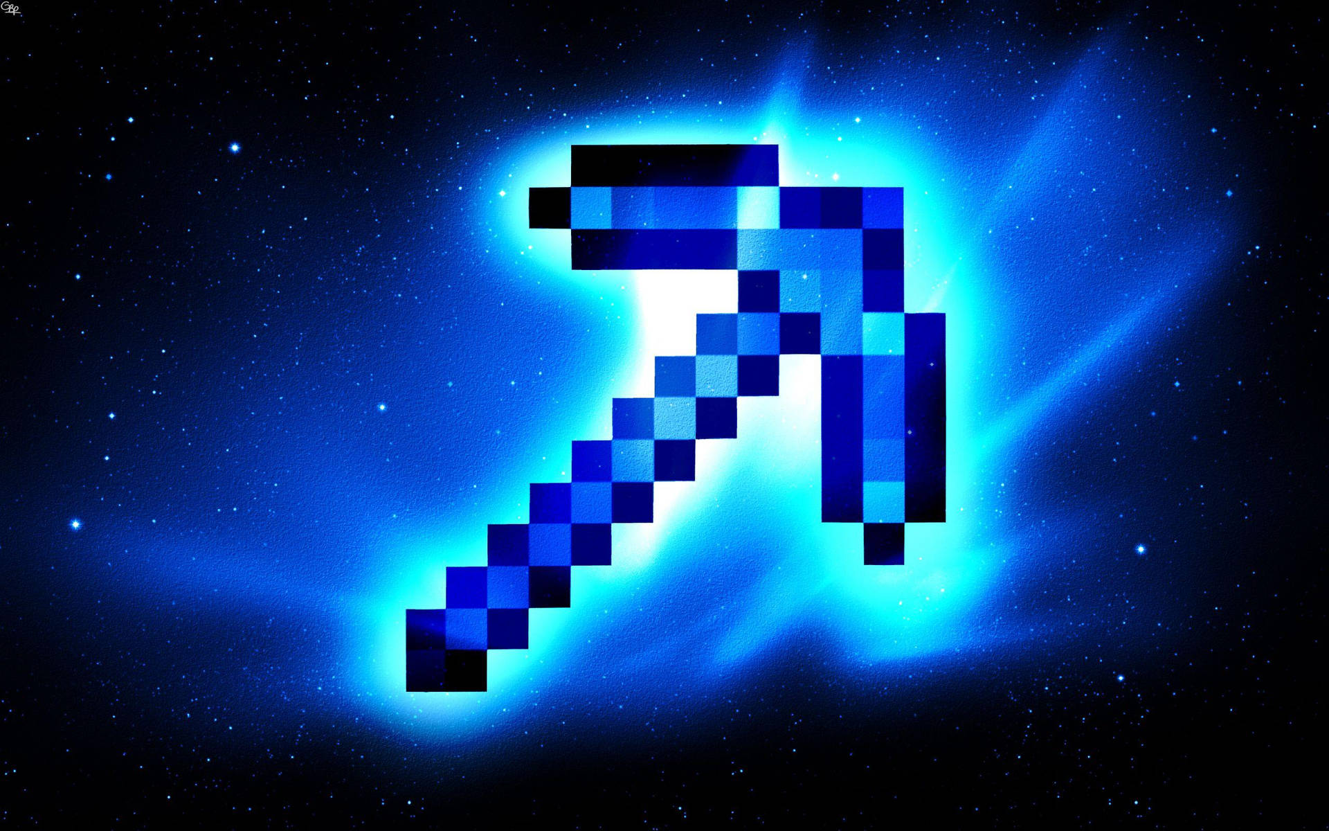 A pixelated diamond pickaxe from Minecraft glows against a backdrop of a starry night sky