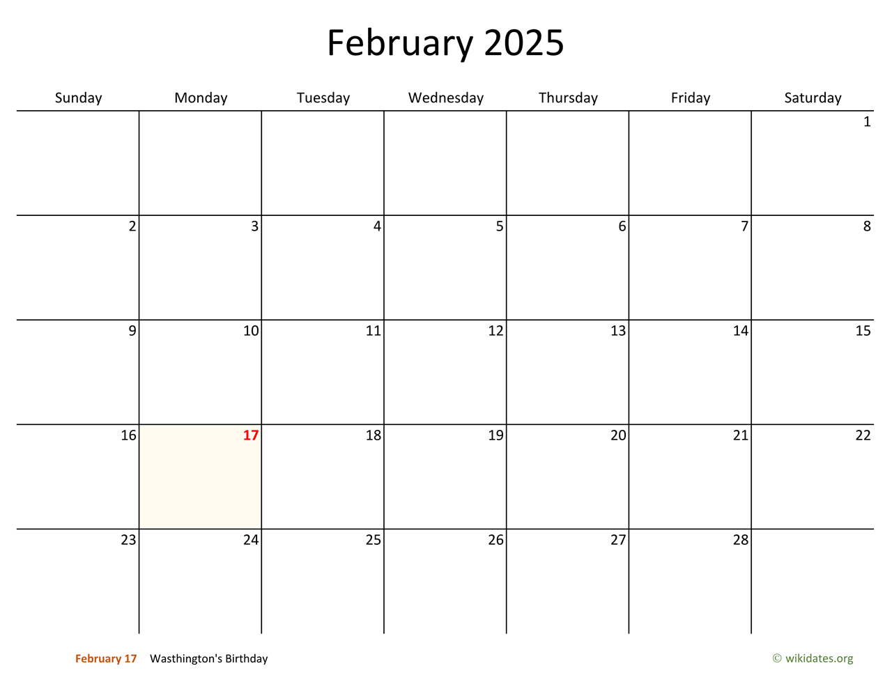 February 2025 calendar with Washington's Birthday highlighted