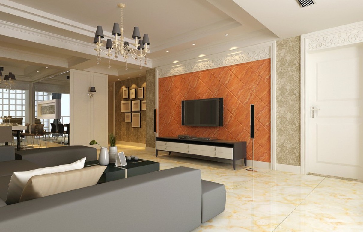 Minimalist living room orange TV wall Download 3D House