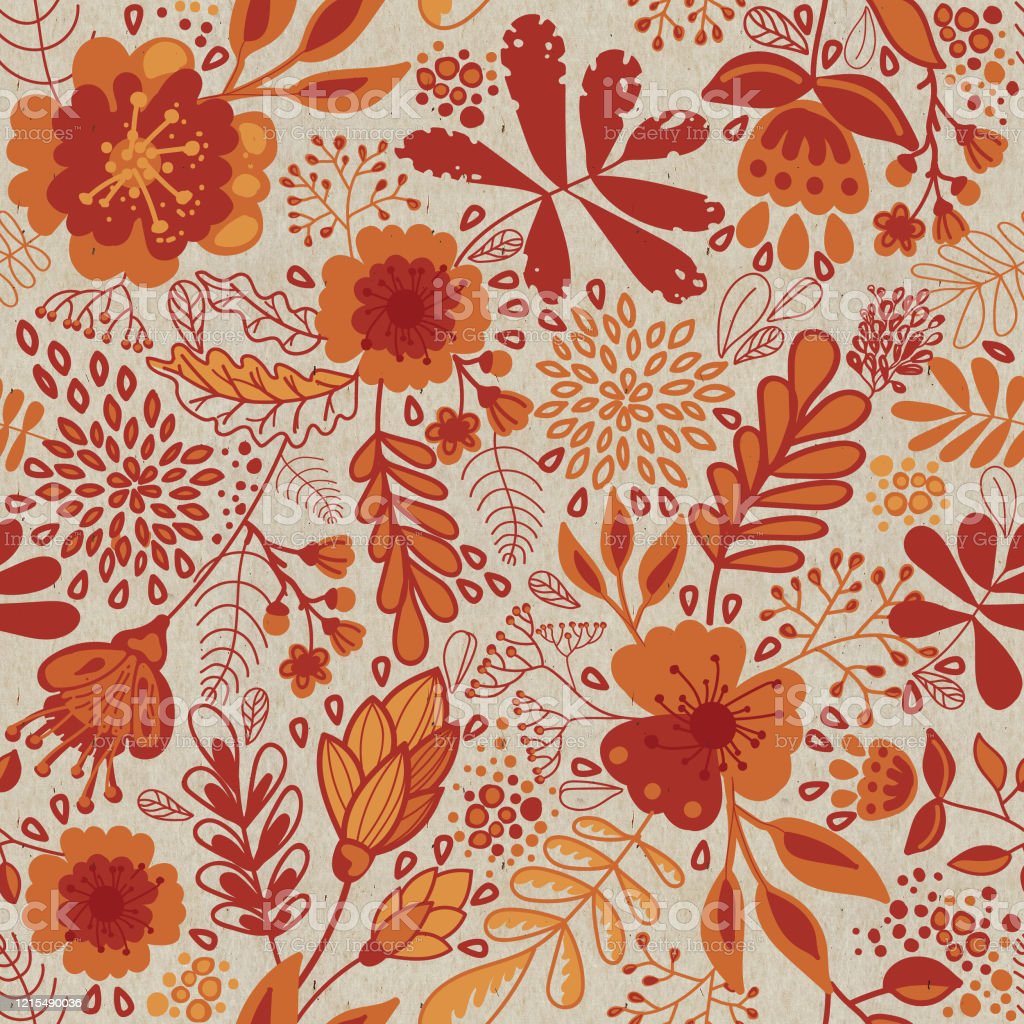 Botanical Seamless Retro Pattern Vintage Floral Wallpaper Orange