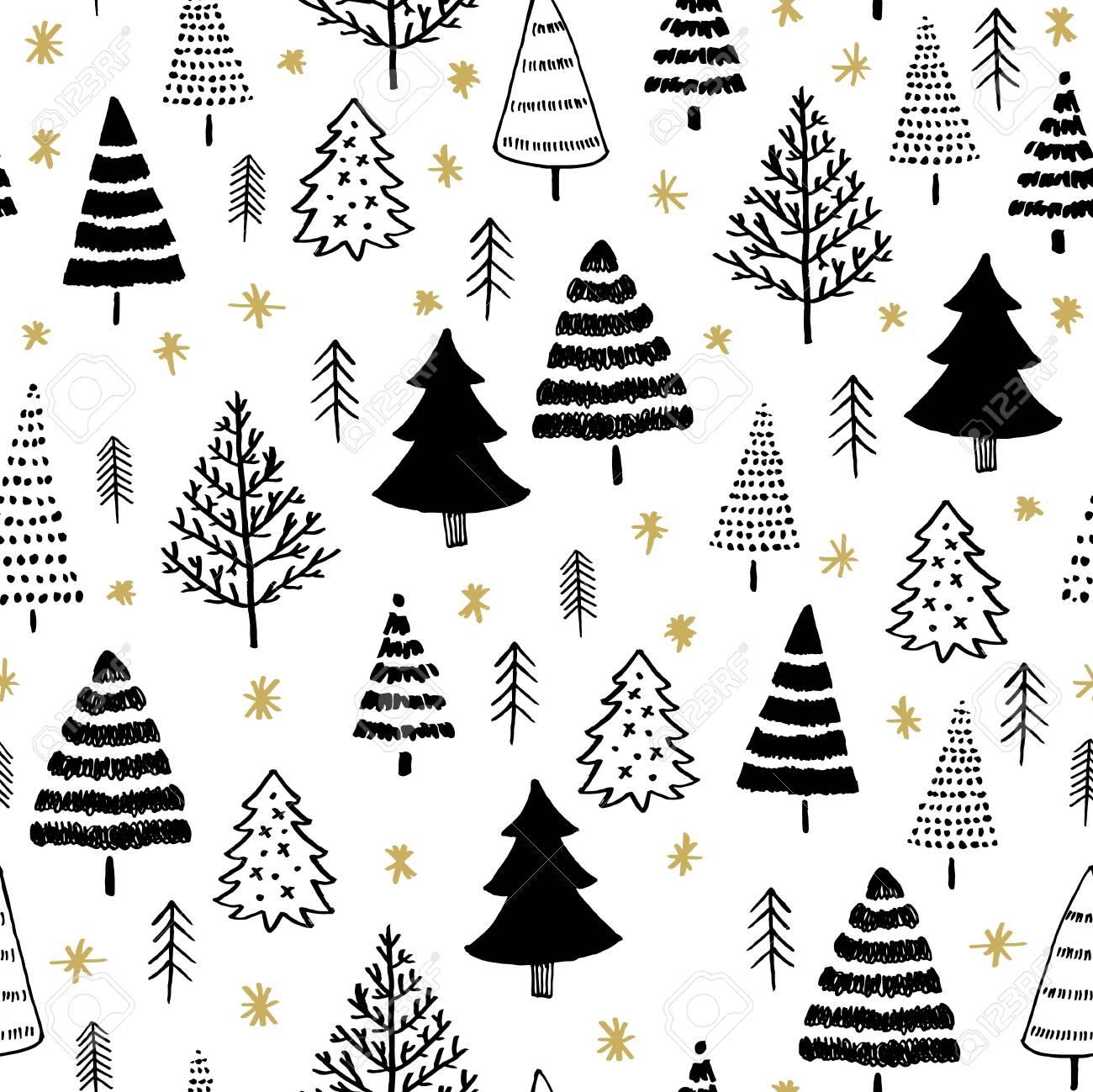Winter Graphic Seamless Pattern With Christmas Trees In Black On