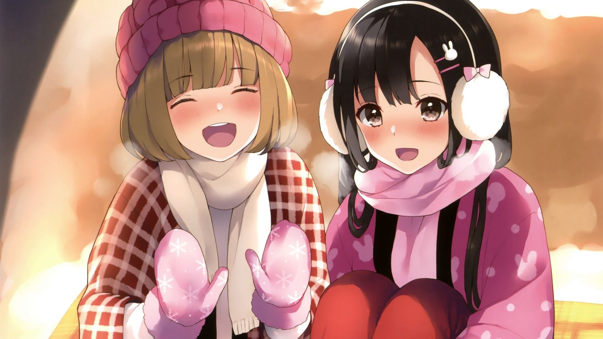 Desktop Wallpaper Winter Cute Anime Girls Friends HD Image