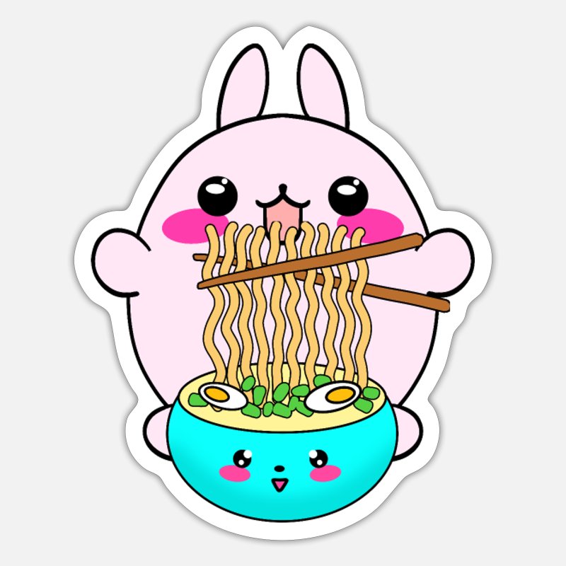 Cute Pink Funny Kawaii Bunny Eating Ramen Noodles Sticker