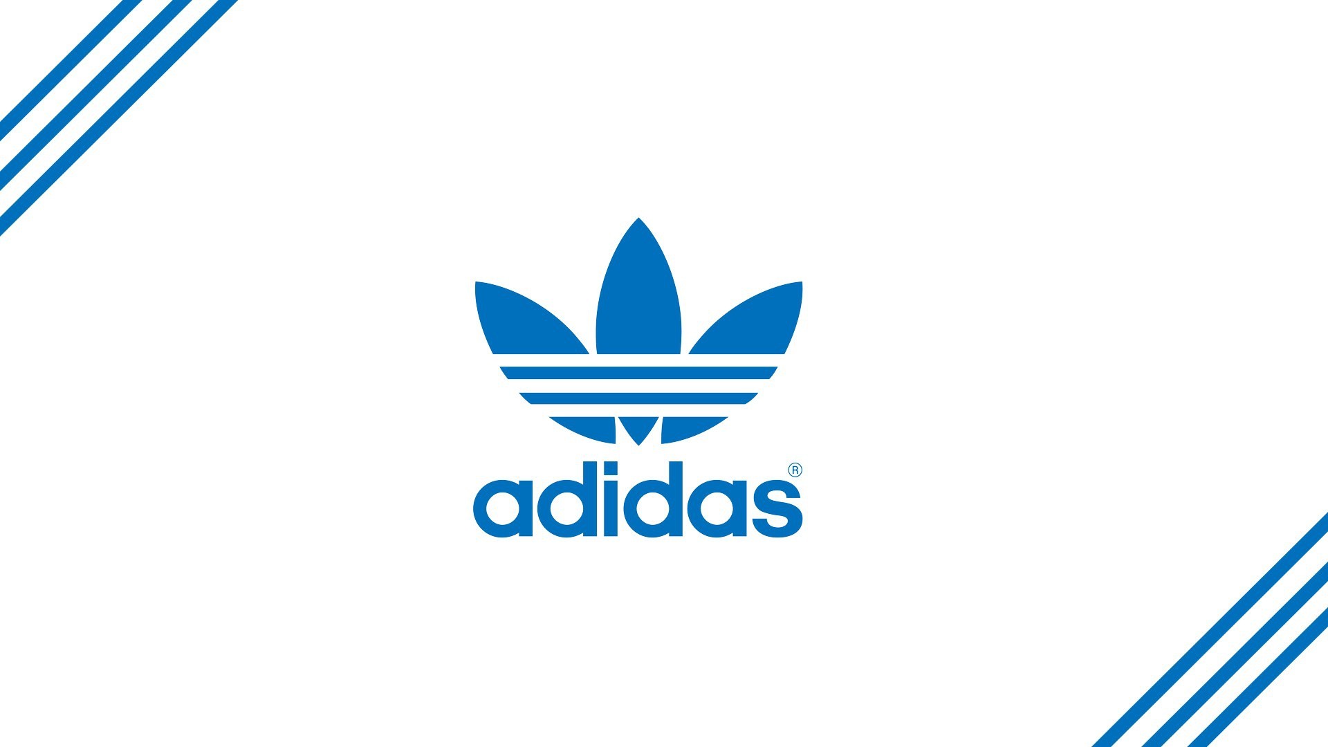 Adidas logo on a minimalist white background with blue diagonal stripes. Suitable for sports wallpapers, social media posts, or branding materials