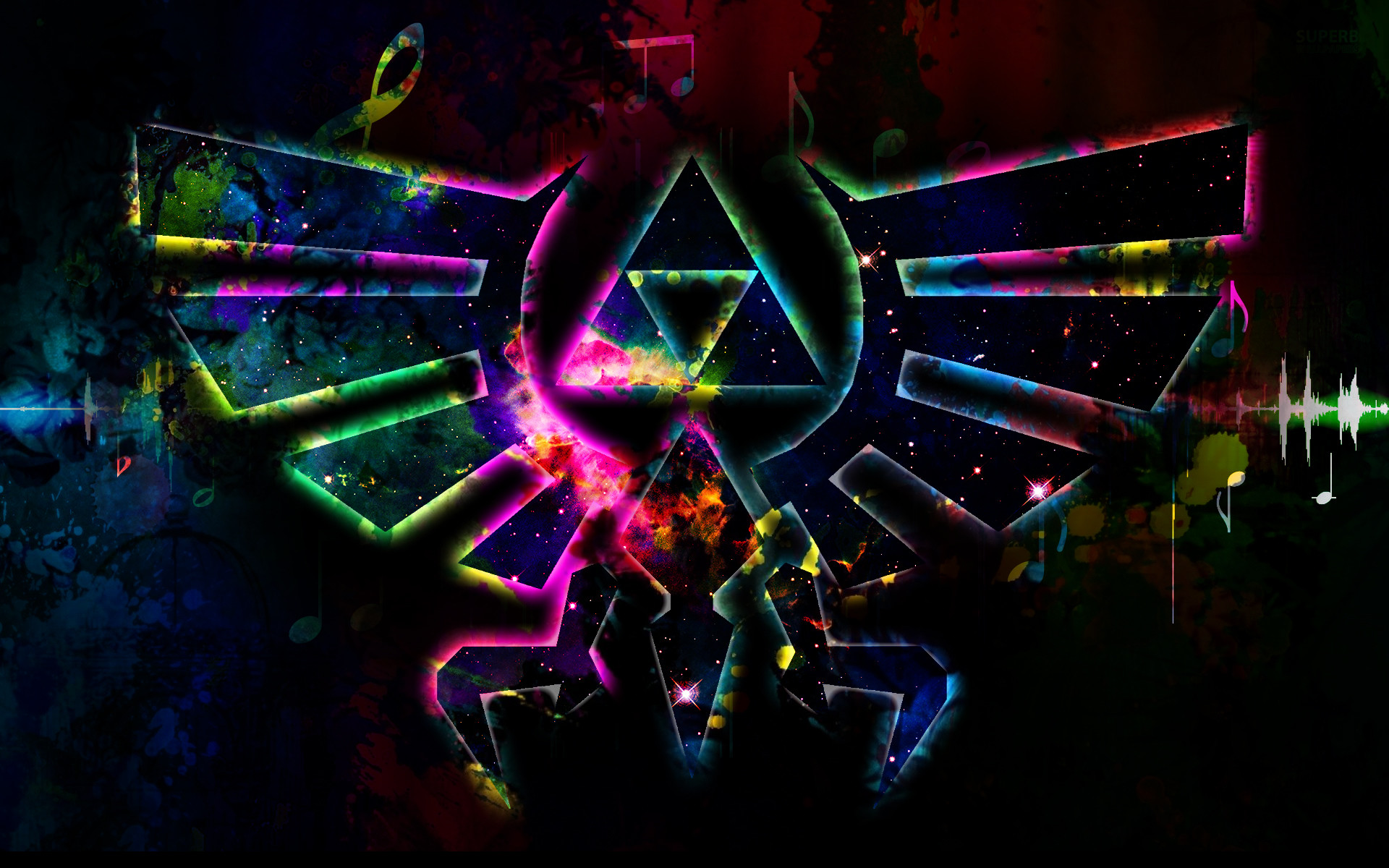 A vibrant and colorful depiction of the Hylian Crest, a symbol from the Legend of Zelda series, set against a backdrop of a cosmic nebula and musical notes