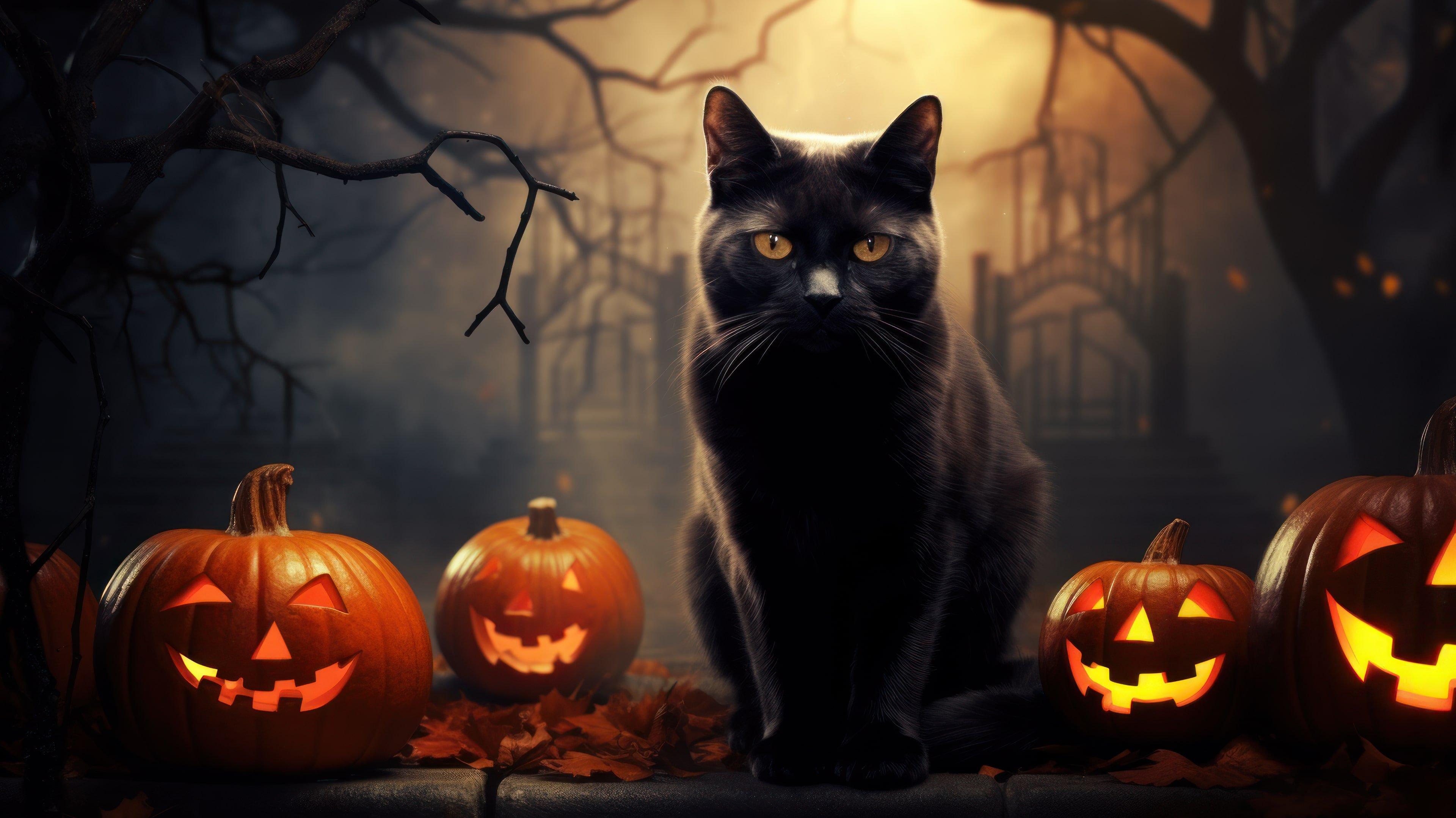 Halloween Black Cat Pumpkins Ai Generated 4k Wallpaper