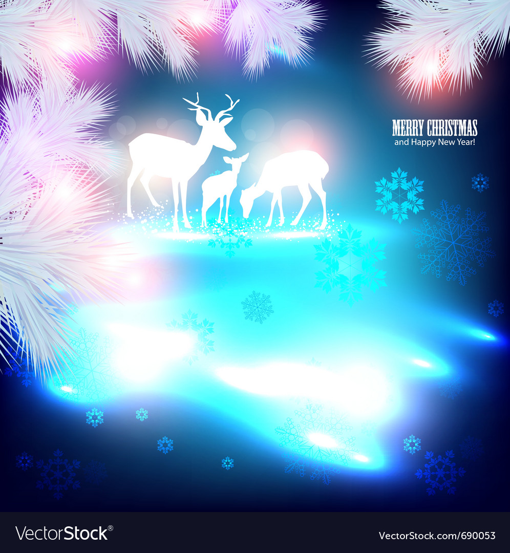 Blue Beautiful Christmas Background With Reindeer Vector Image