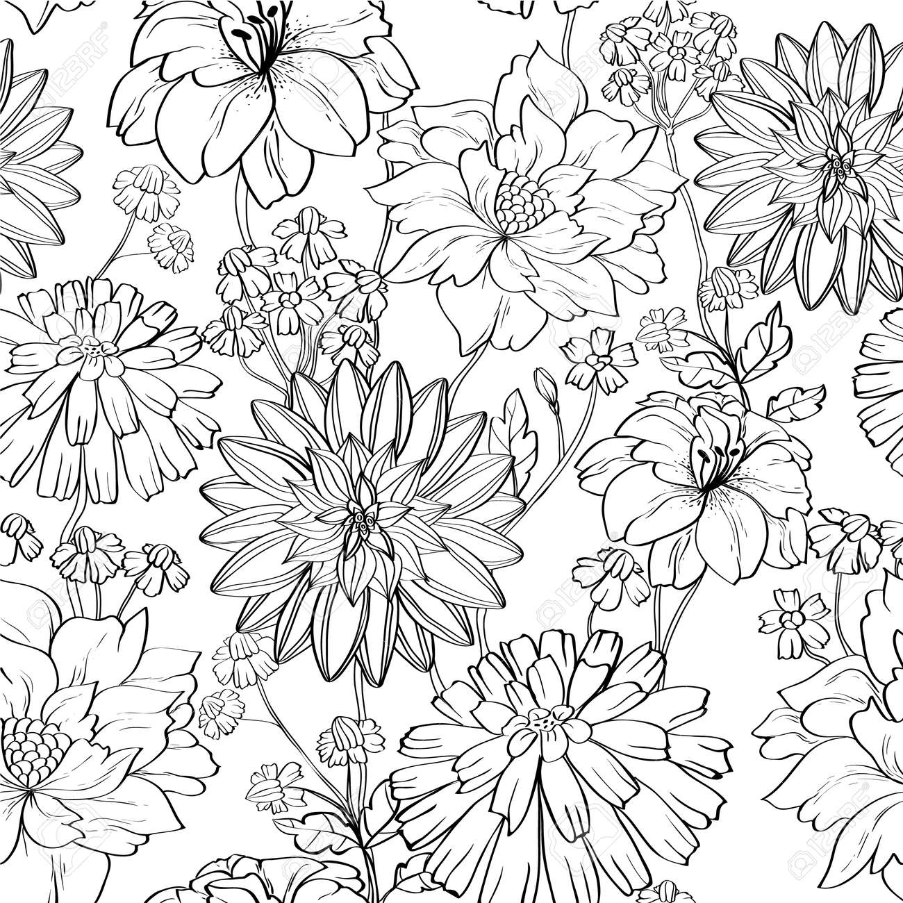 Hand Drawn Floral Wallpaper With Set Of Different Flowers Could