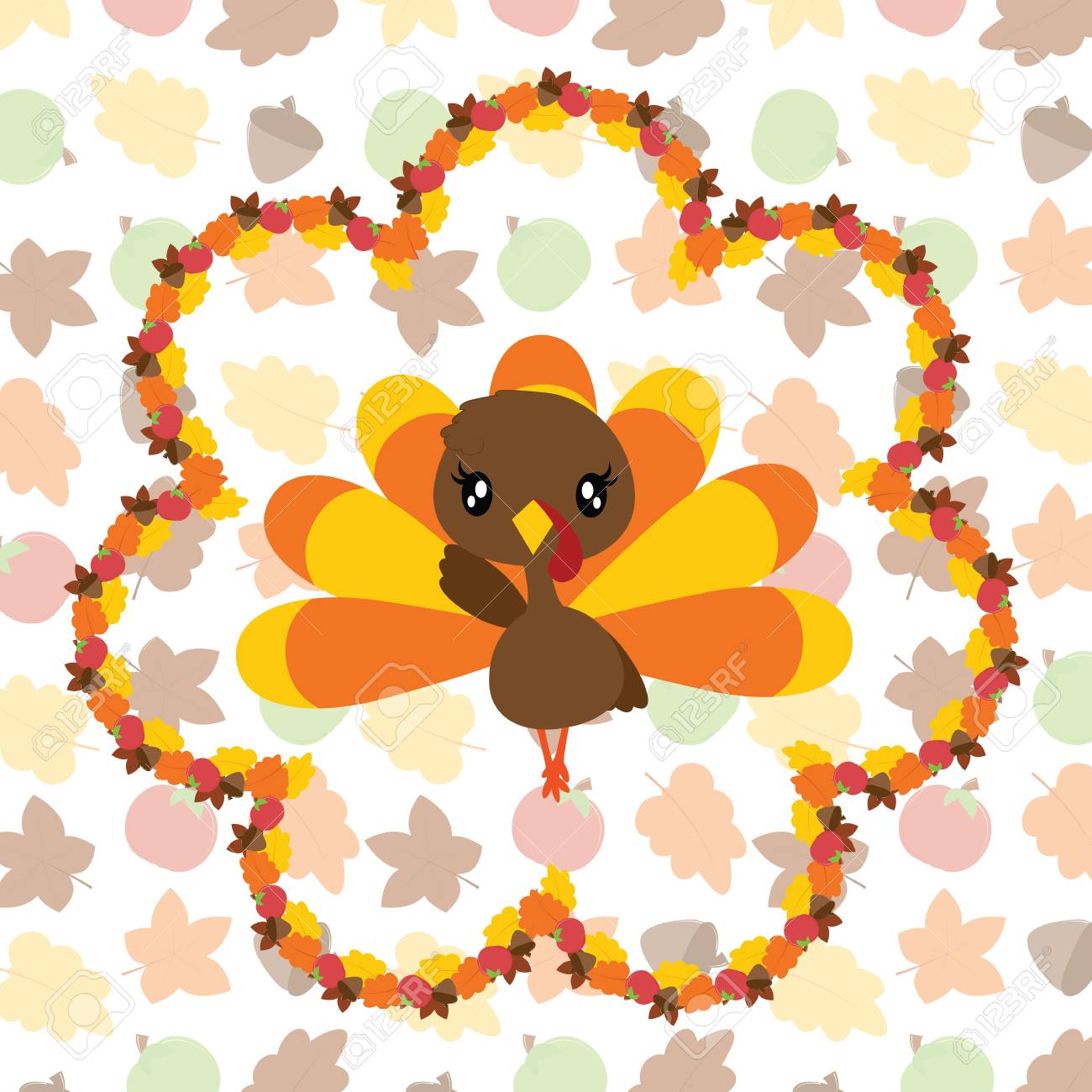 Cute Turkey Girl In Maple Leaves Wreath Vector Cartoon