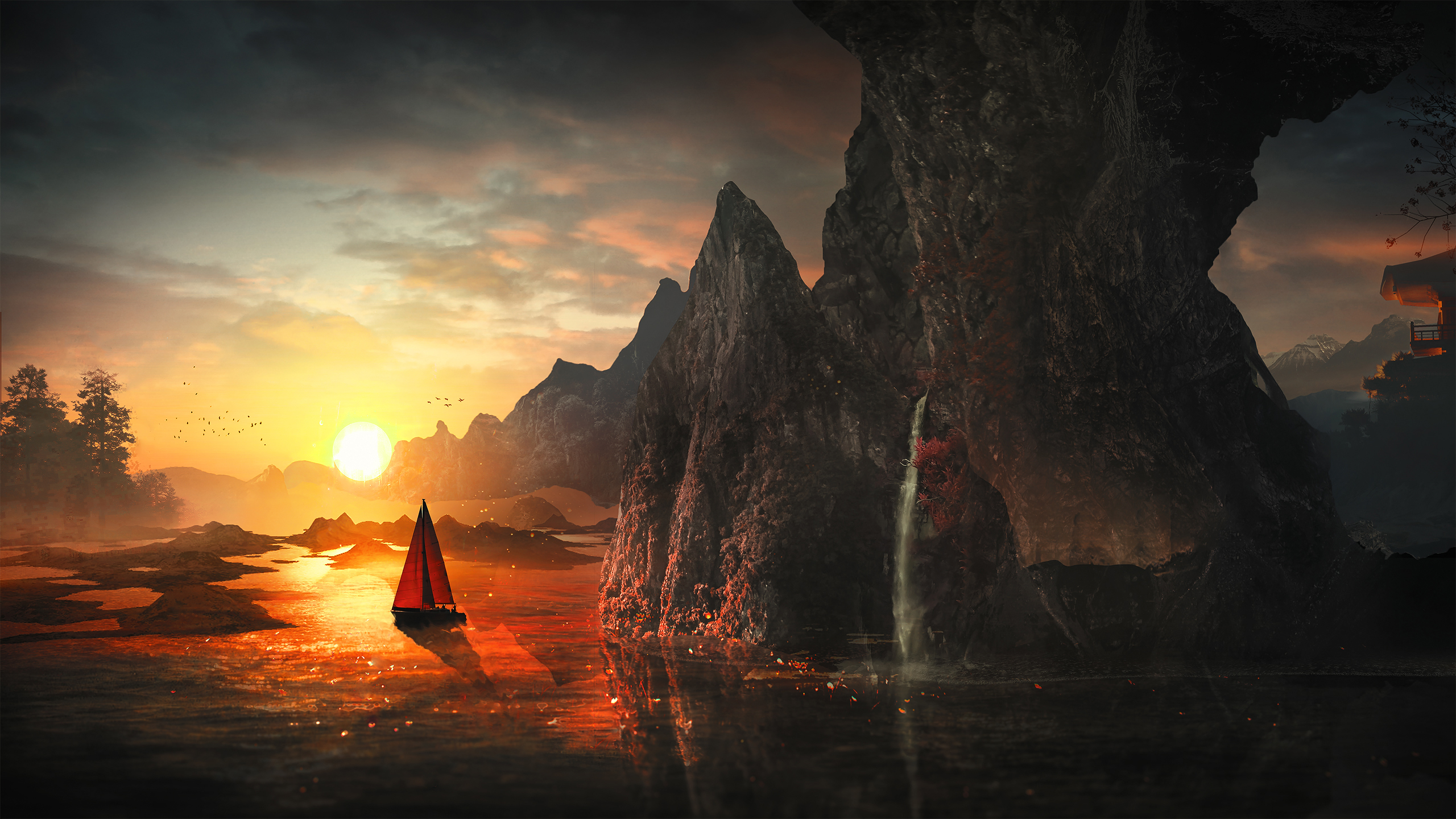A stunning 4k wallpaper featuring a vibrant sunset over a tranquil lake, with a lone sailboat and majestic mountains in the background