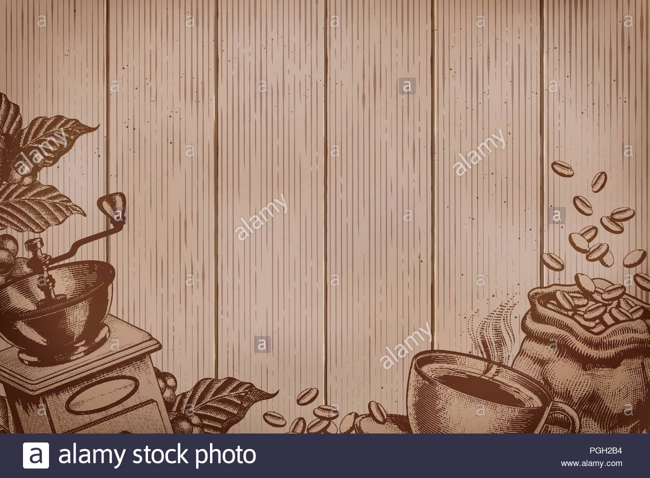 Coffee Background On Wood Planks In Engraving Style Stock Vector
