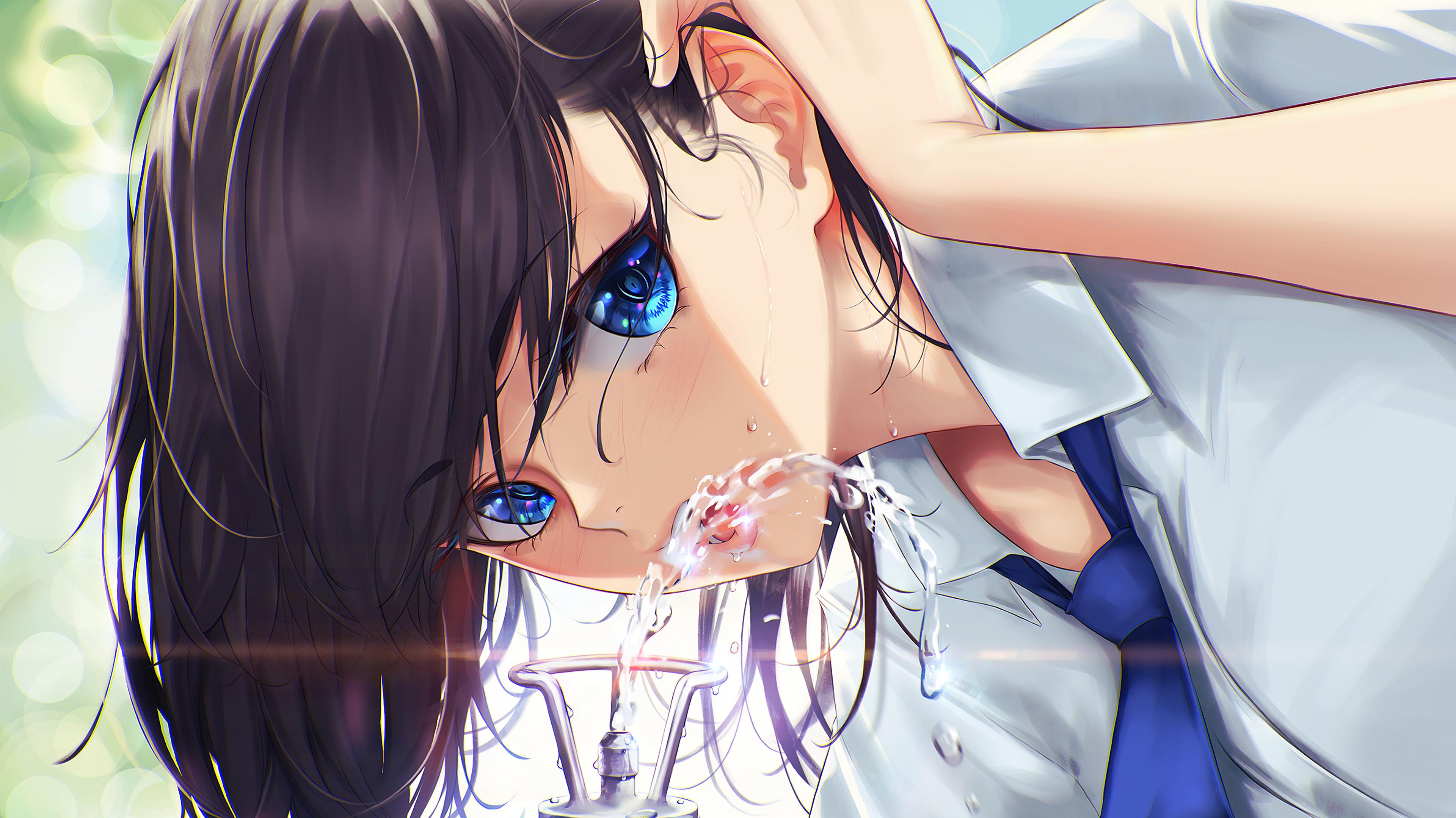 Beautiful Anime Girl Blue Eyes Drinking Water 4k Wallpaper iPhone