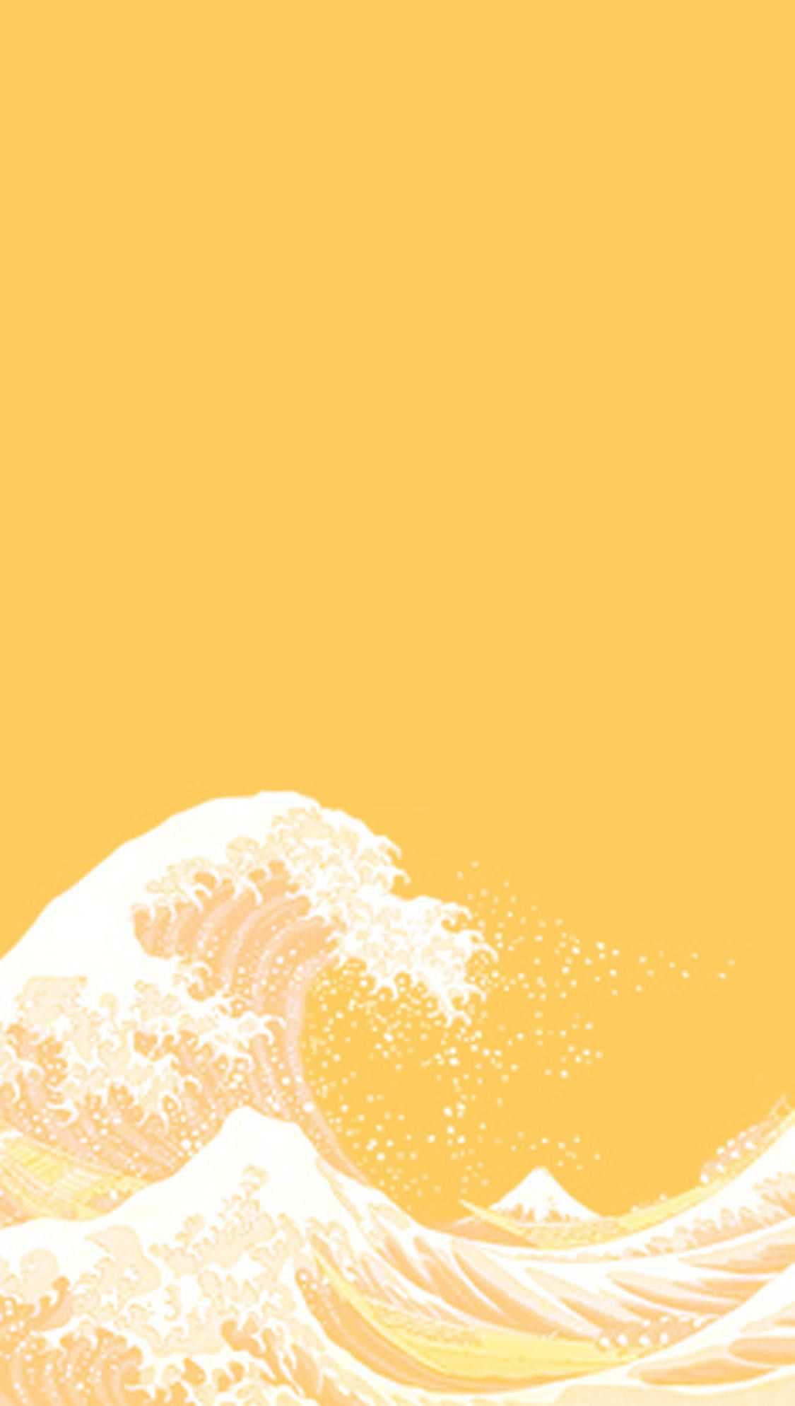 Stylized wave in shades of yellow and white, reminiscent of The Great Wave off Kanagawa, against a solid yellow background