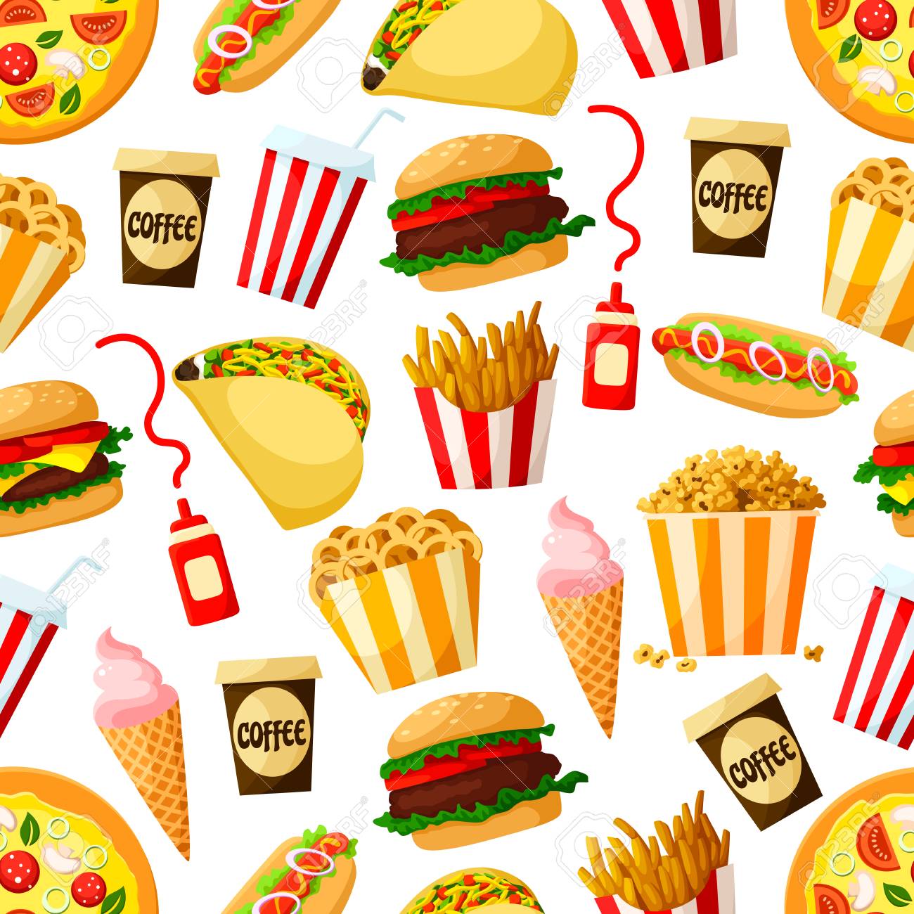 Fast Food Restaurant Lunch Seamless Pattern Background Hamburger