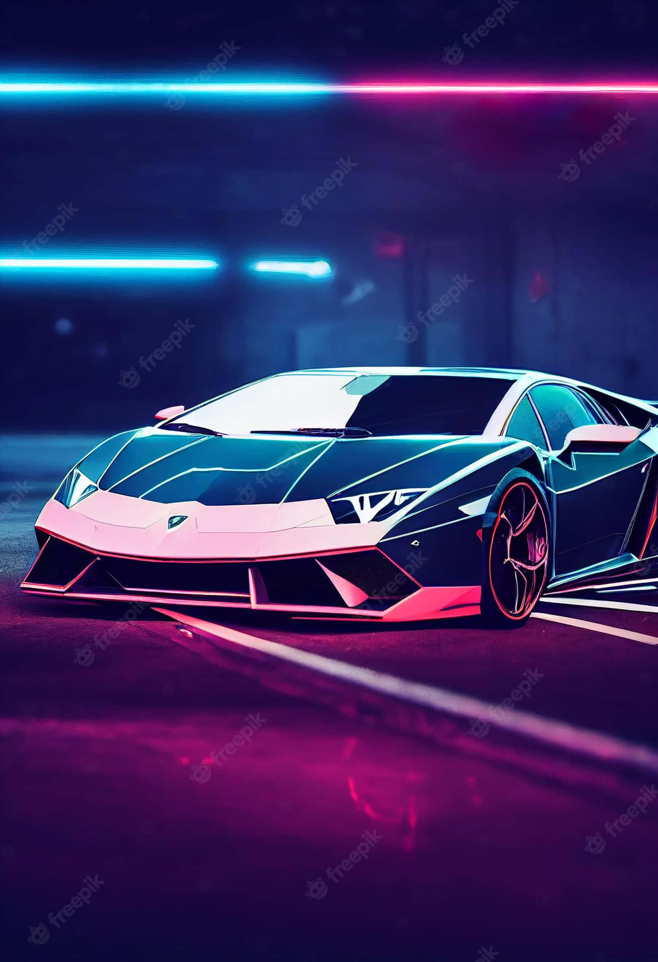 A stylized cartoon depiction of a Lamborghini sports car in a neon-lit parking garage. The car is rendered with bold colors and clean lines, giving it a cartoonish yet cool aesthetic