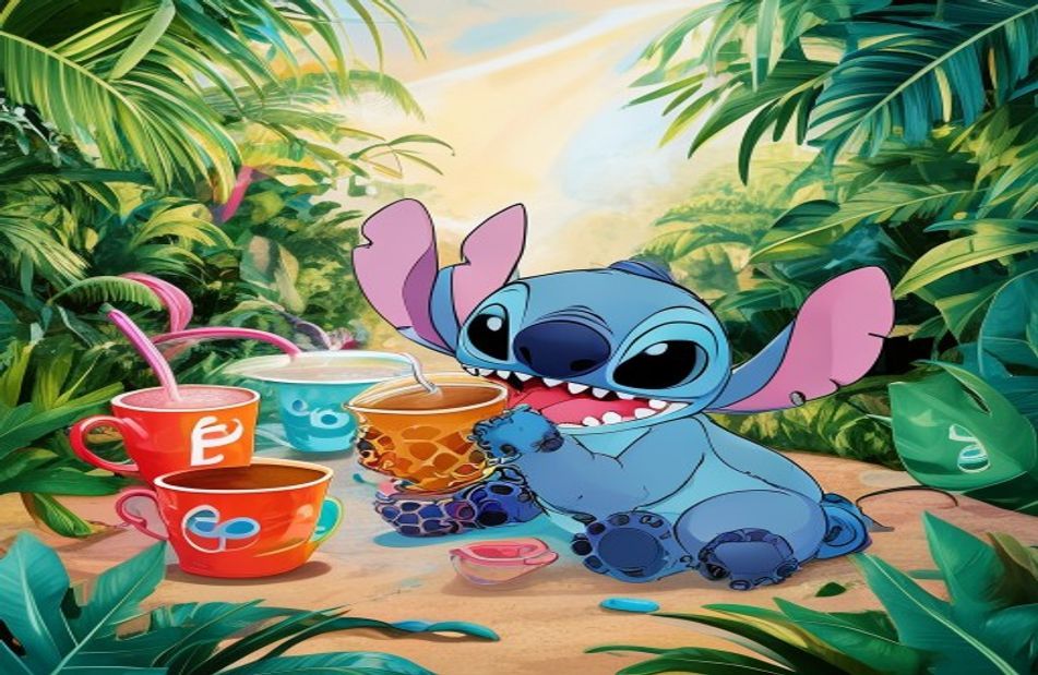 Stitch Drinking Boba Wallpaper