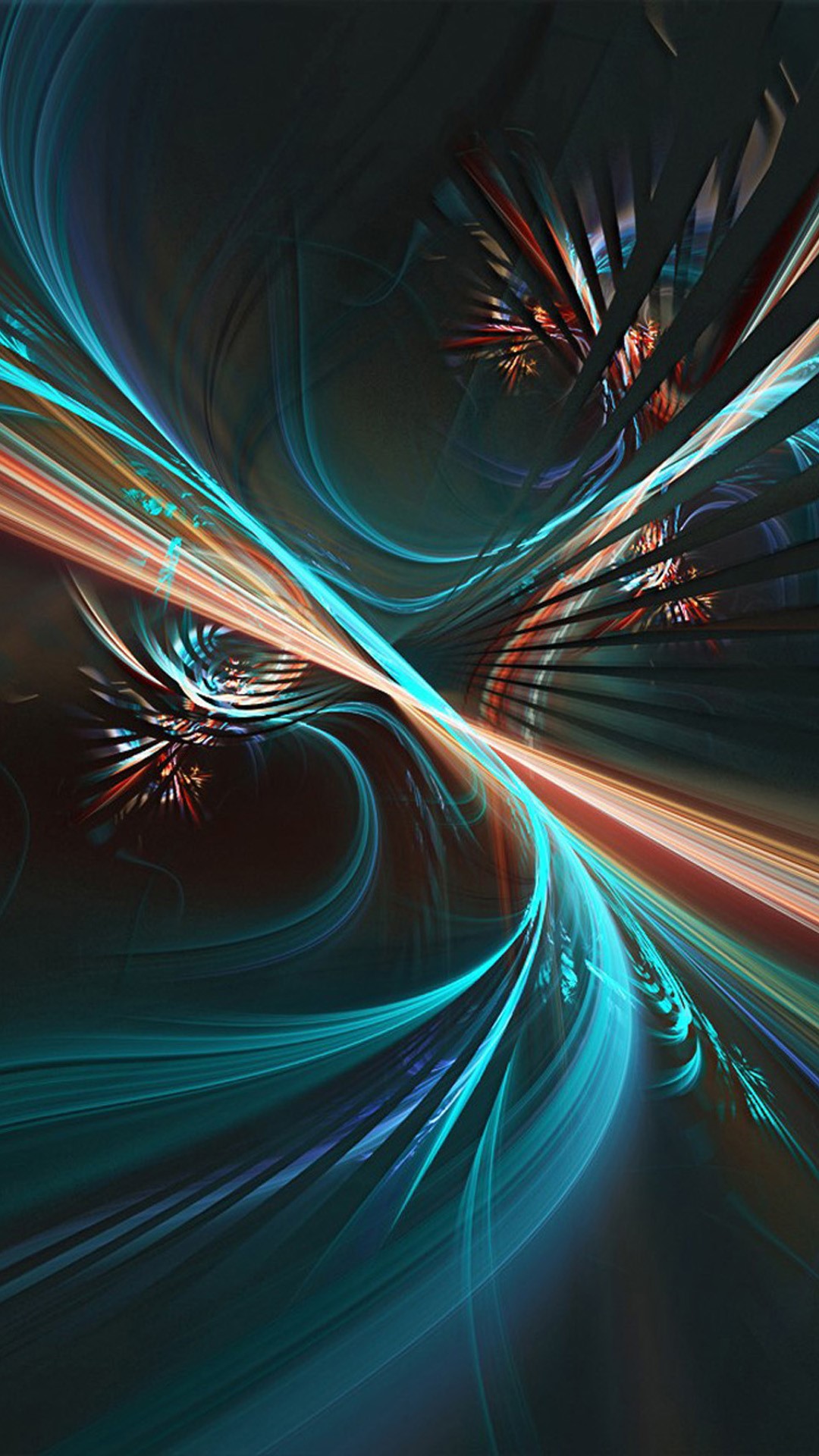 Abstract swirling lines of teal, orange, and red against a dark background create a dynamic and vibrant visual