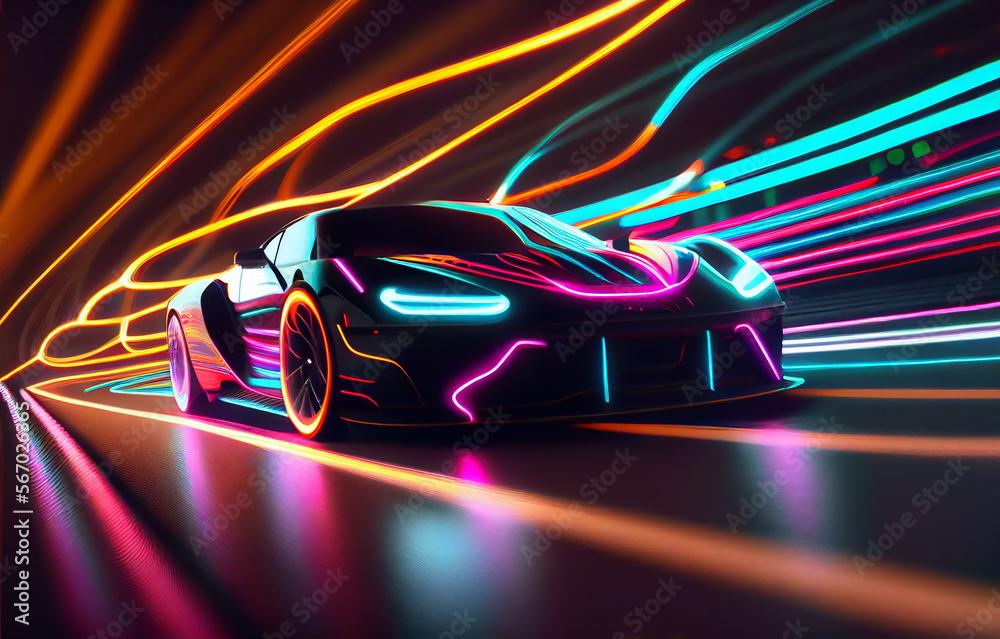 Futuristic Super Car On Neon Highway Powerful Acceleration Of A