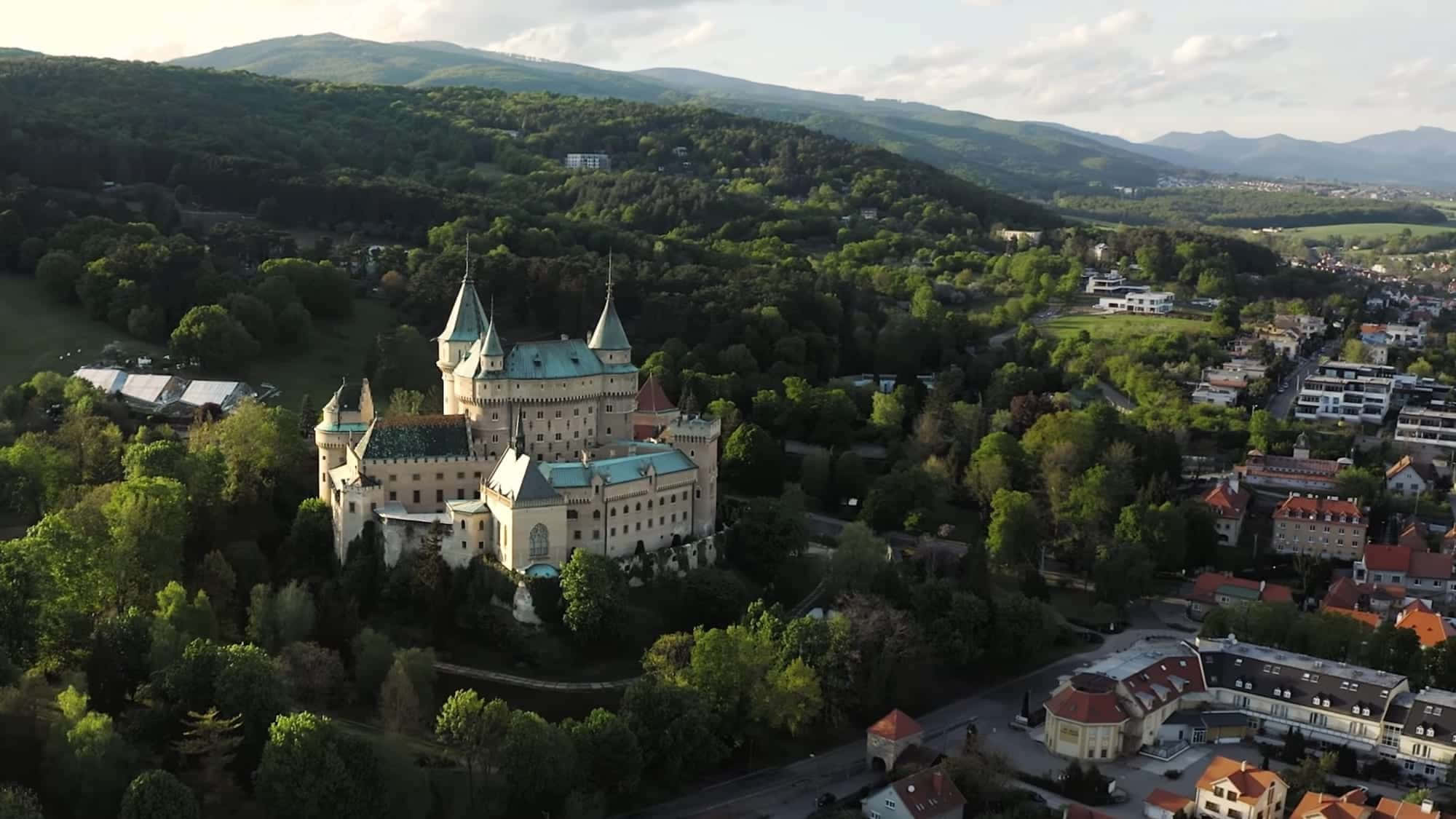 Aerial Bojnice Castle And Forest Wallpaper