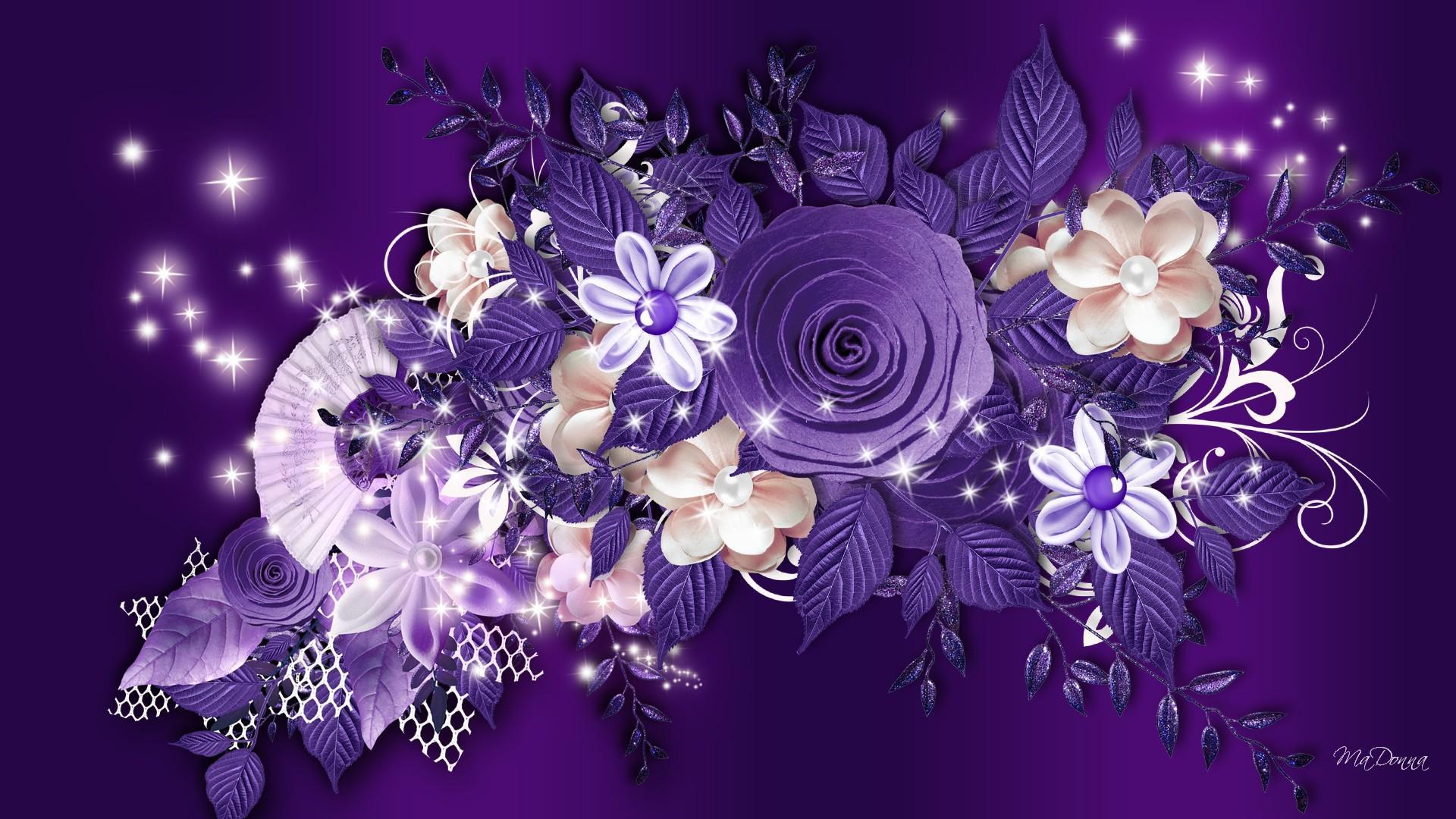 Purple Roses And Other Flowers On A Background