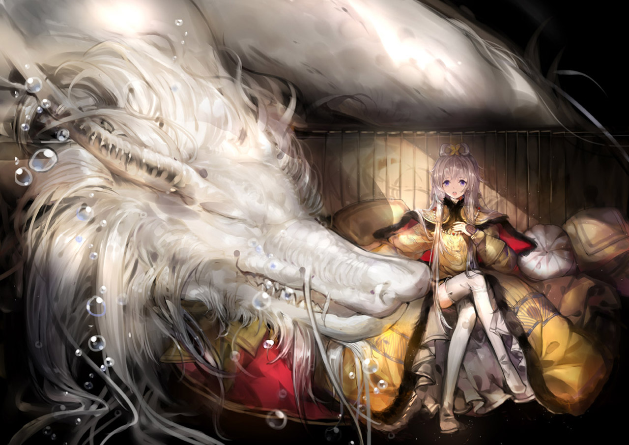 Sleeping White Dragon Bubbles Crown Girl Anime HD Wallpaper Desktop Pc