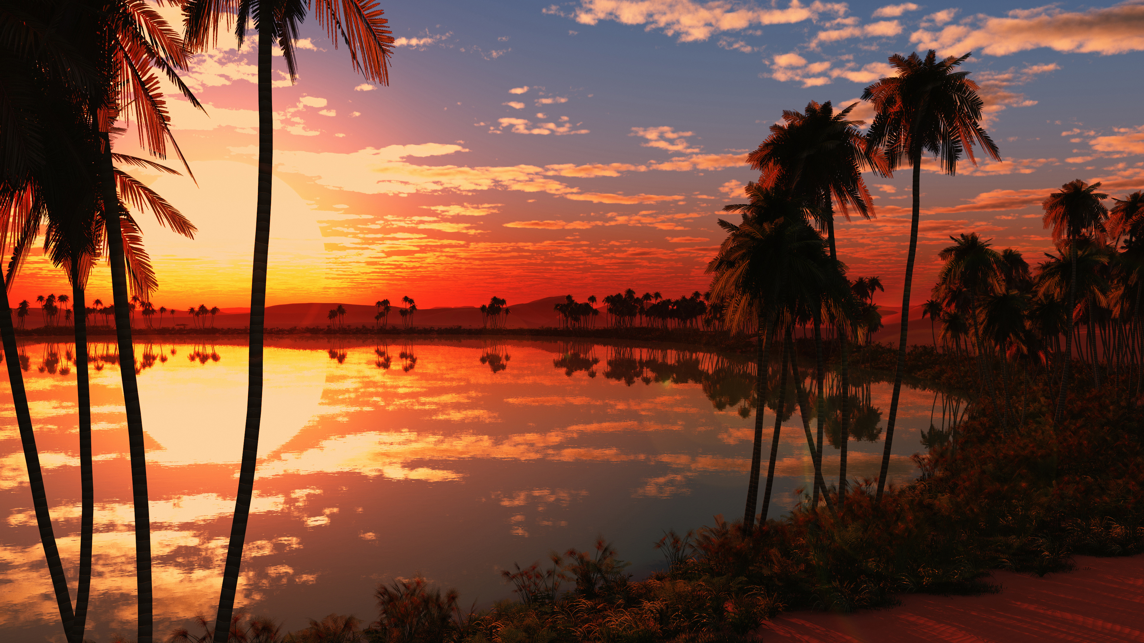 4K Sunset over Tropical Paradise with Palm Trees and Water Reflection