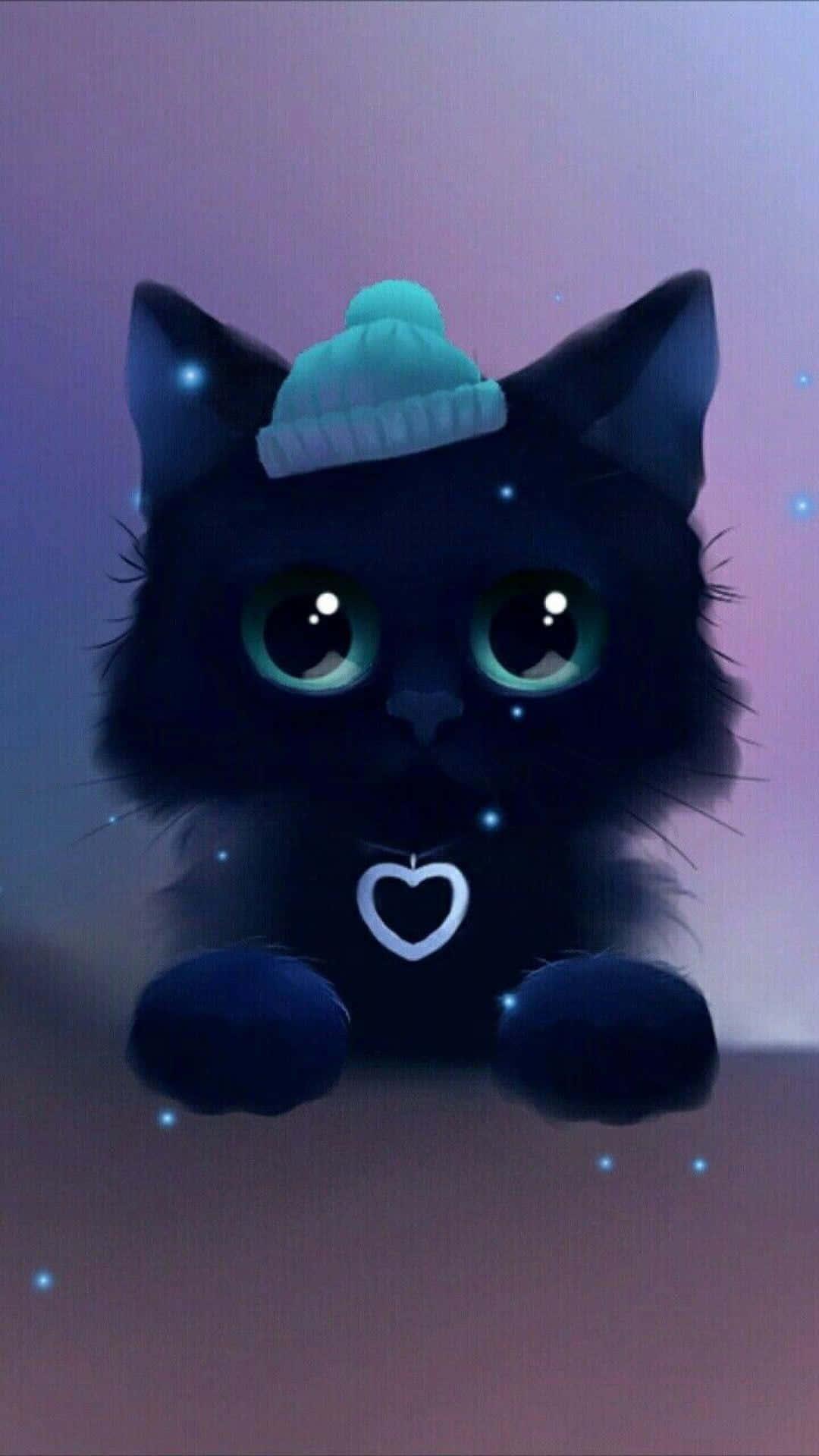A Black Cat With Blue Hat And Heart Wallpaper