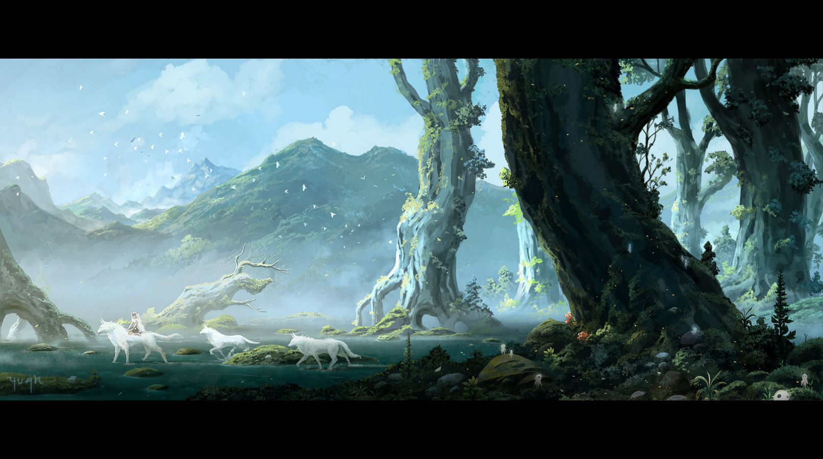Mononoke Hime San Scenic Signed Sky Tree Water Wolf Yuan Wallpaper