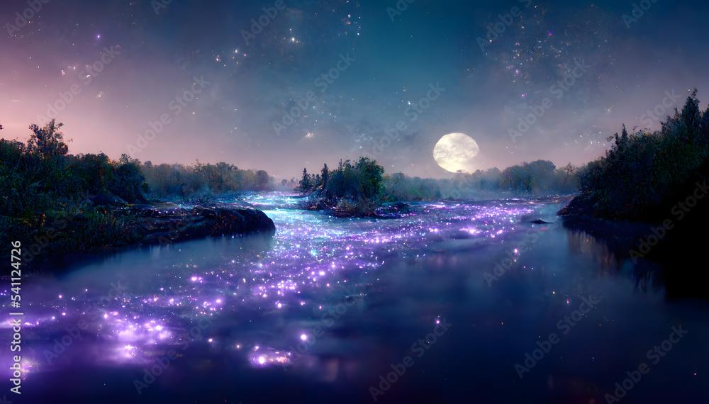 Magical Night River Landscape With Bioluminescent Blue Water