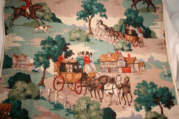 Vintage English Hunting Scene Bark Cloth Fabric By Foundaround