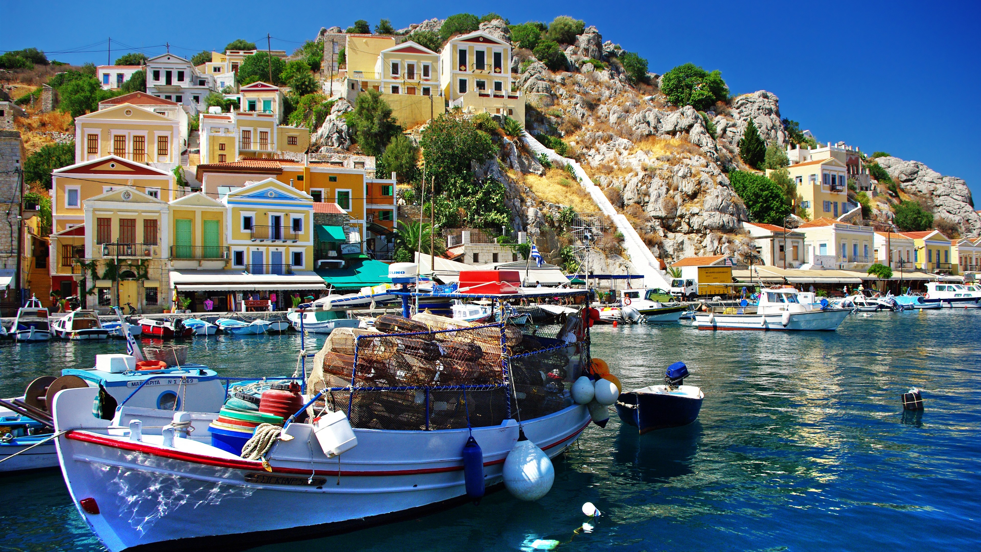 Wallpaper Greece sea boats houses town pier 3840x2160 UHD 4K
