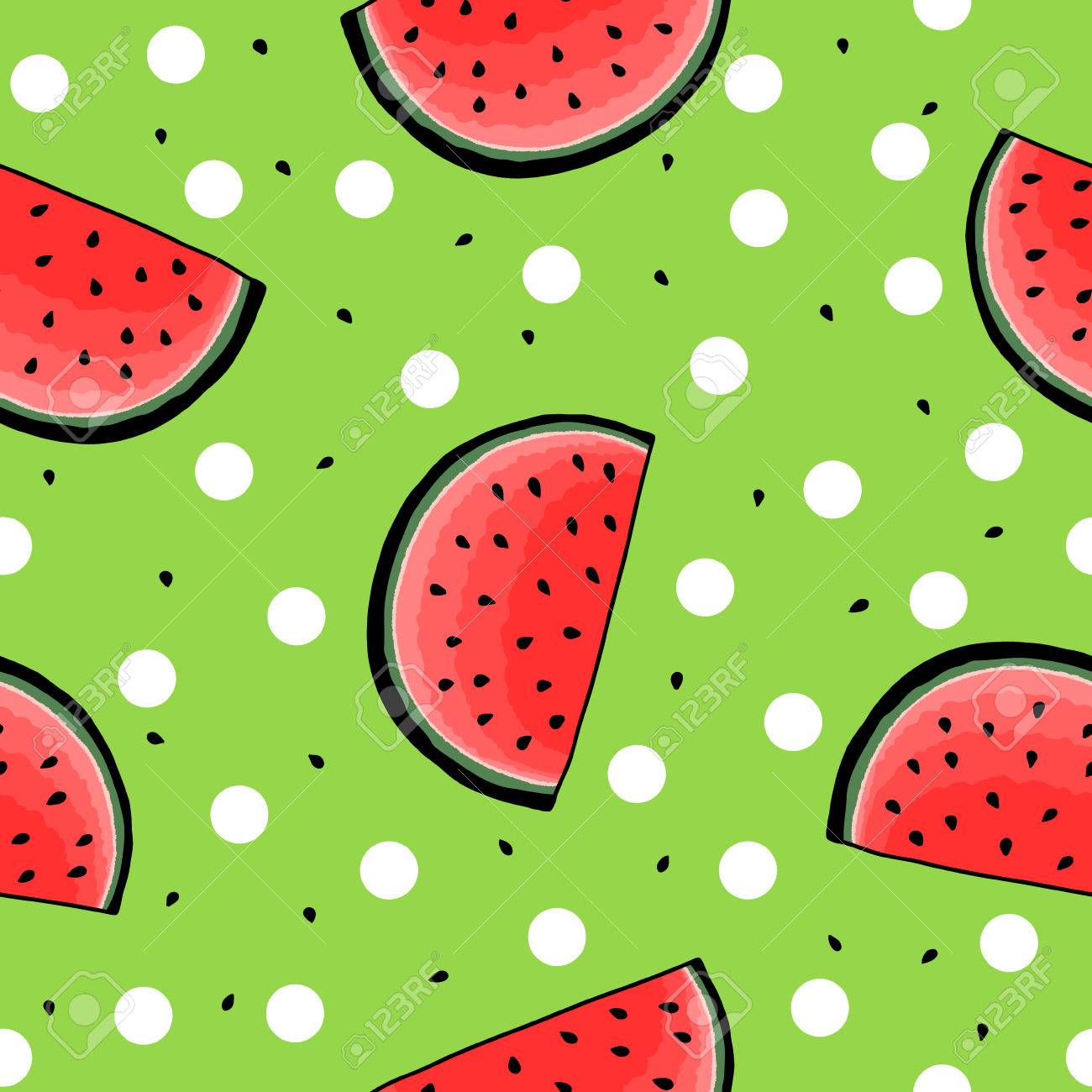 Seamless Watermelon Pattern On Green Background With