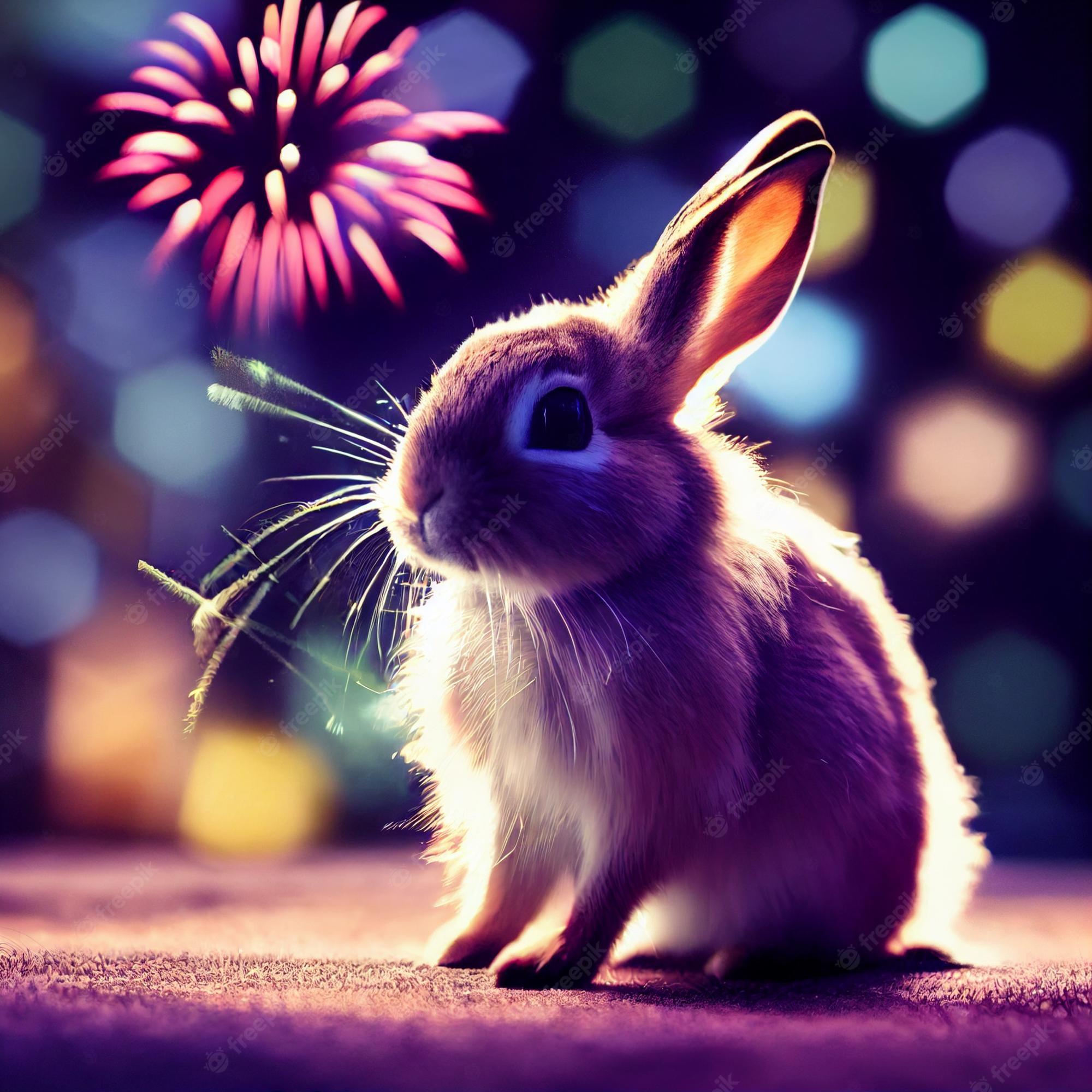 Premium Photo New Year Background With Rabbit And Fireworks 3d
