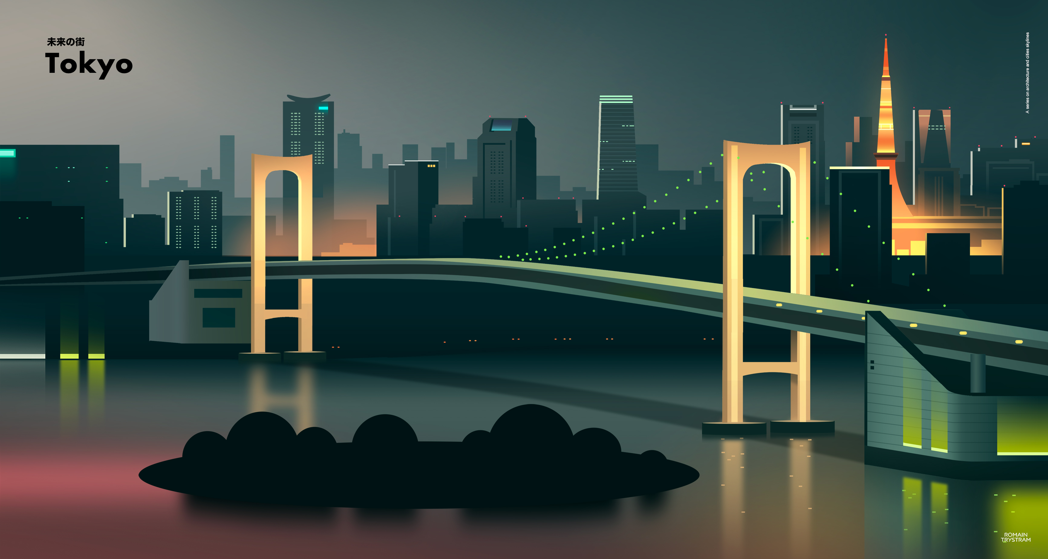 Minimalist 4k wallpaper of the Tokyo skyline at night, featuring the Rainbow Bridge and Tokyo Tower