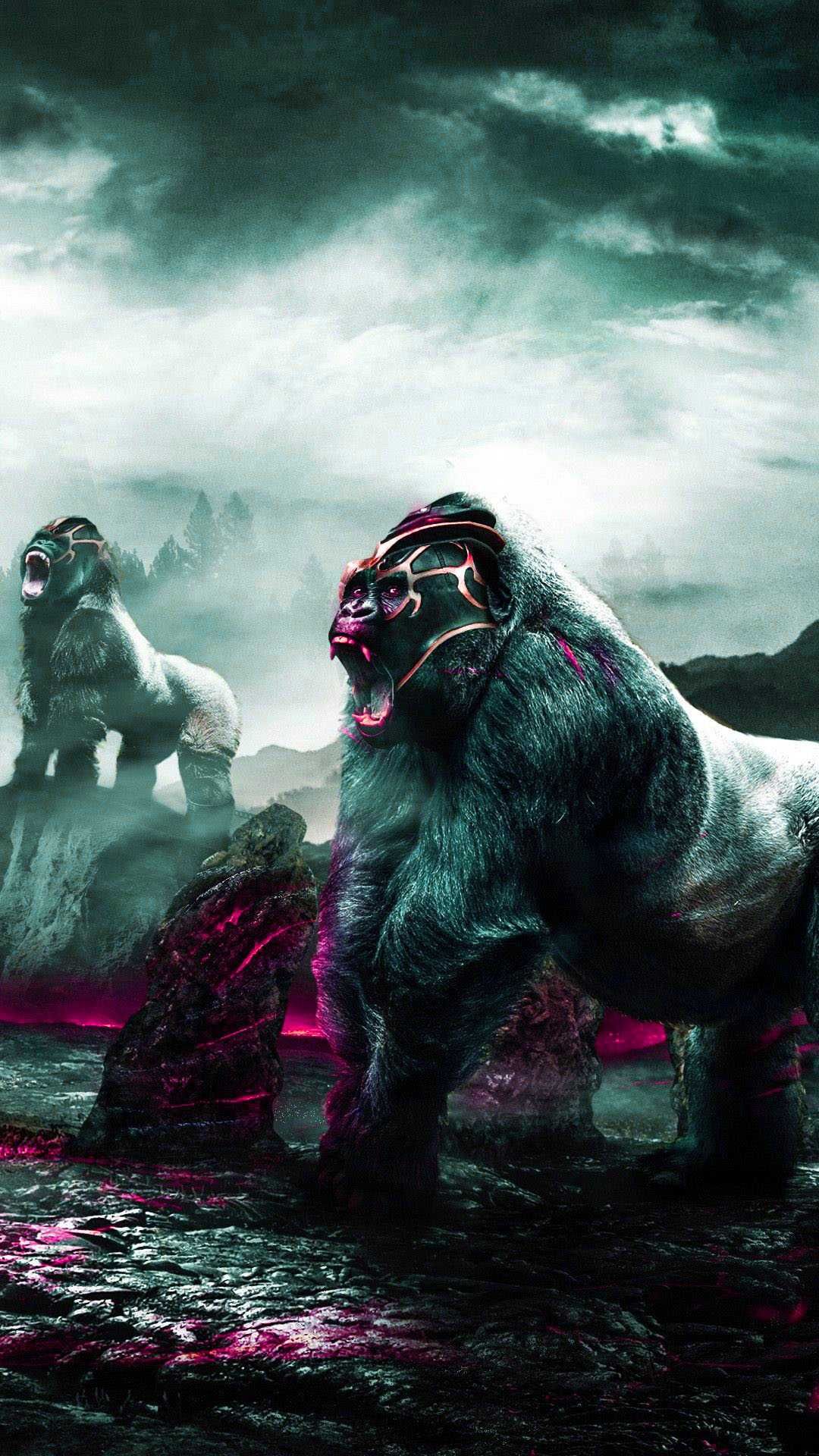 A powerful gorilla with a futuristic mask roars in a dark, otherworldly landscape. This digital art piece evokes themes of primal power and science fiction