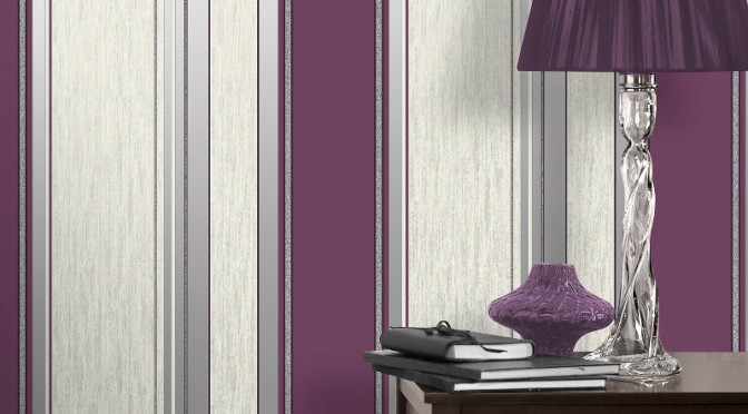 Vymura Synergy Glitter Stripe Wallpaper Plum Purple And Silver