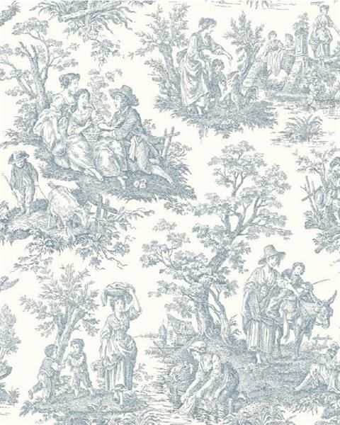 Wa7830 Waverly Classics Blue And White Country Life Toile Wallpaper