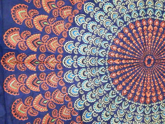 Boho Hippie Tapestry Fabric Colorful Starburst Pattern Navy Blue Via