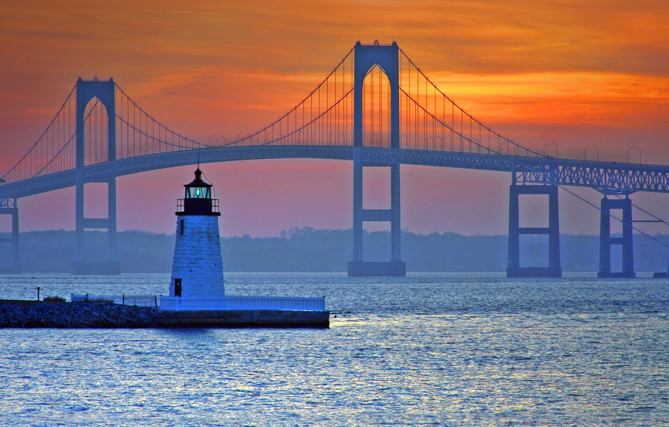 Wallpaper bridge lighthouse USA Newport Rhode Island